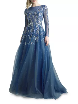 Embroidered Long Sleeve Prom Dress