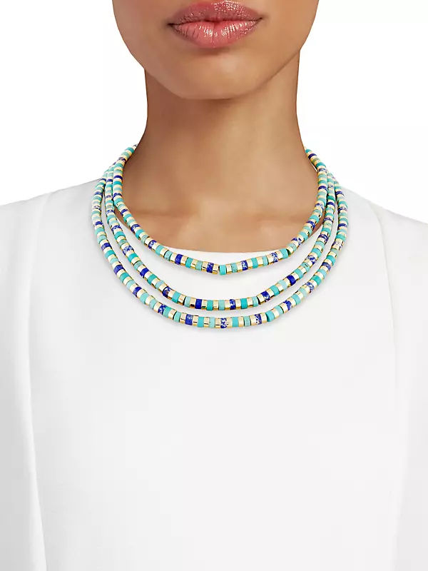 14K-Gold-Plated, Turquoise, & Lapis Lazuli Beaded Triple-Strand Necklace