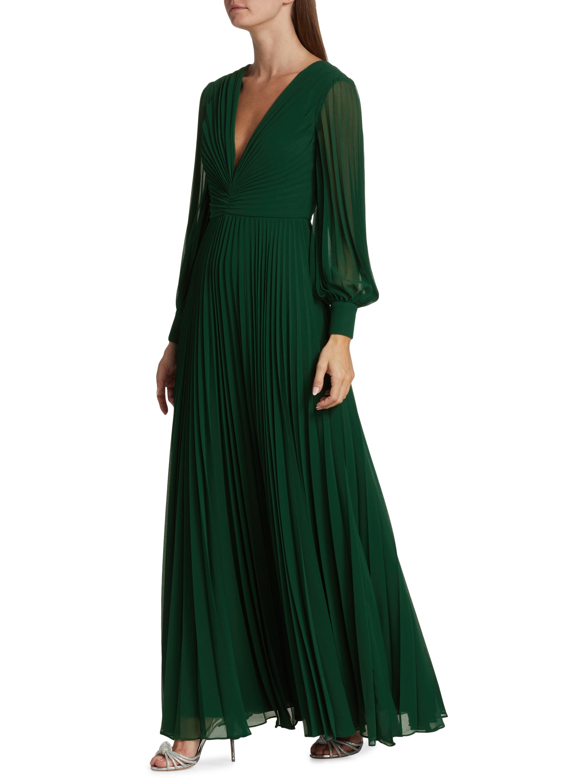 Badgley Mischka Women's Pleated V-Neck Gown - Dark Emerald - Size 8