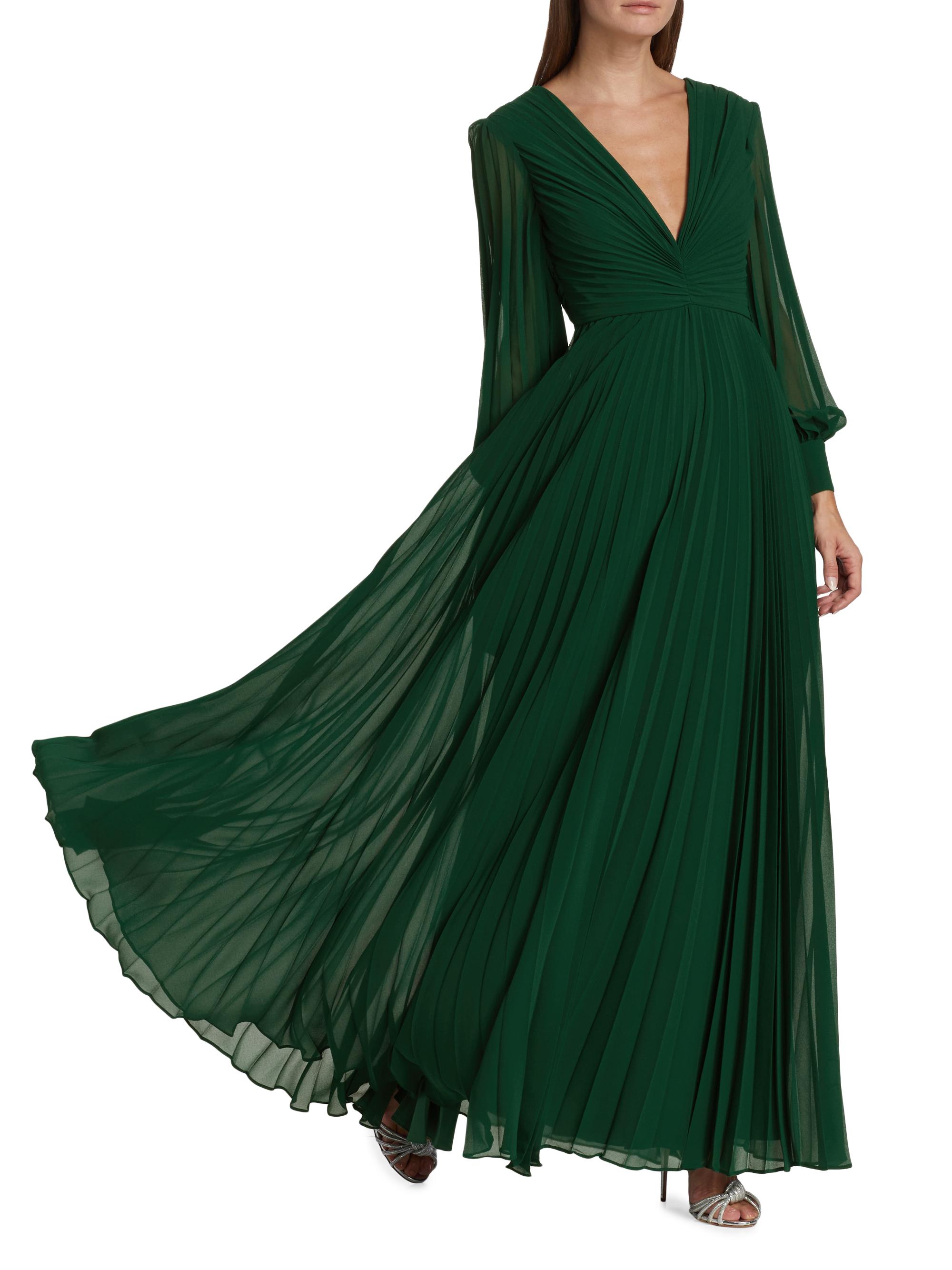 Badgley Mischka Women's Pleated V-Neck Gown - Dark Emerald