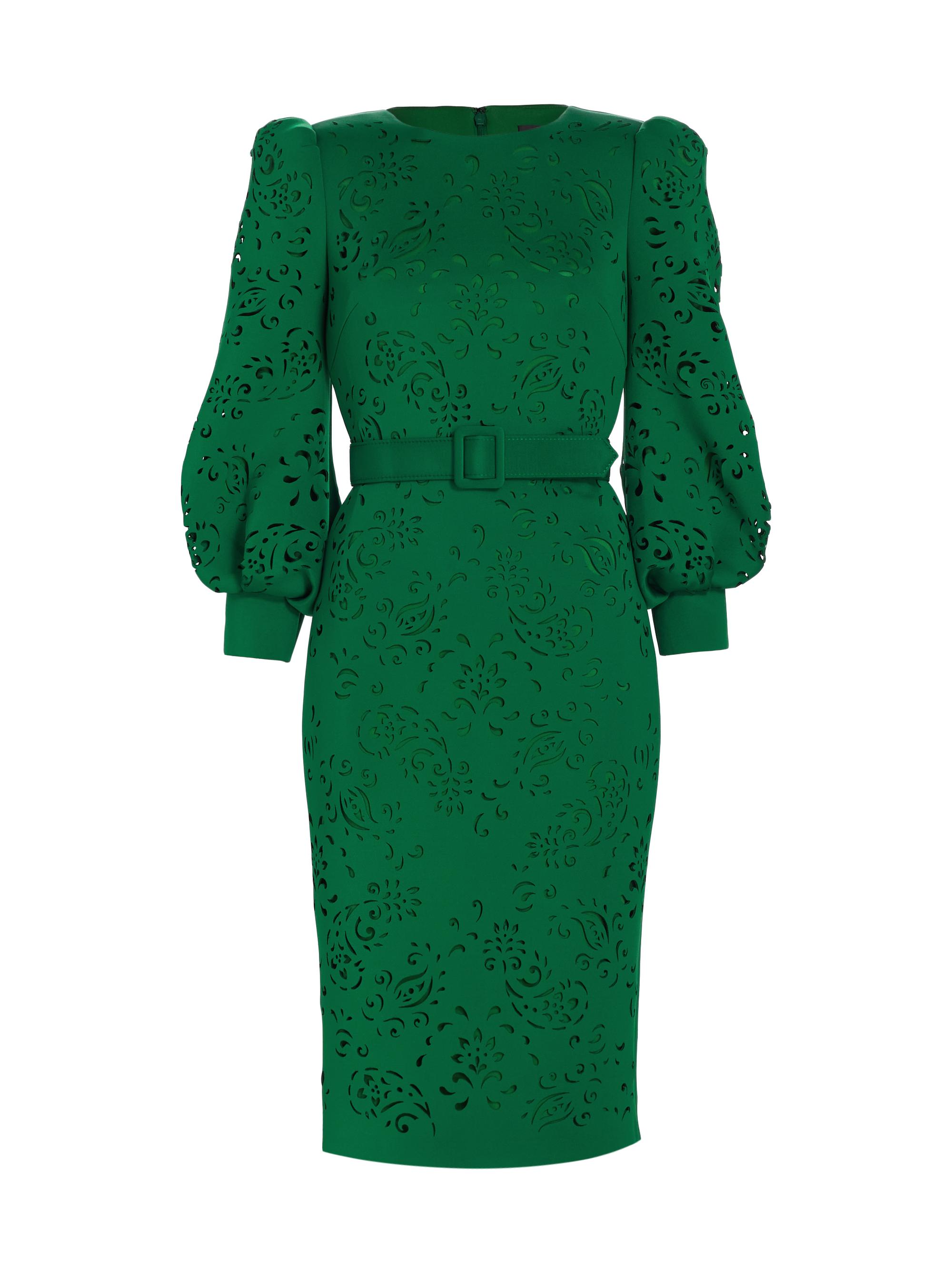 Badgley Mischka Women's Belted Laser-Cut Dress - Green