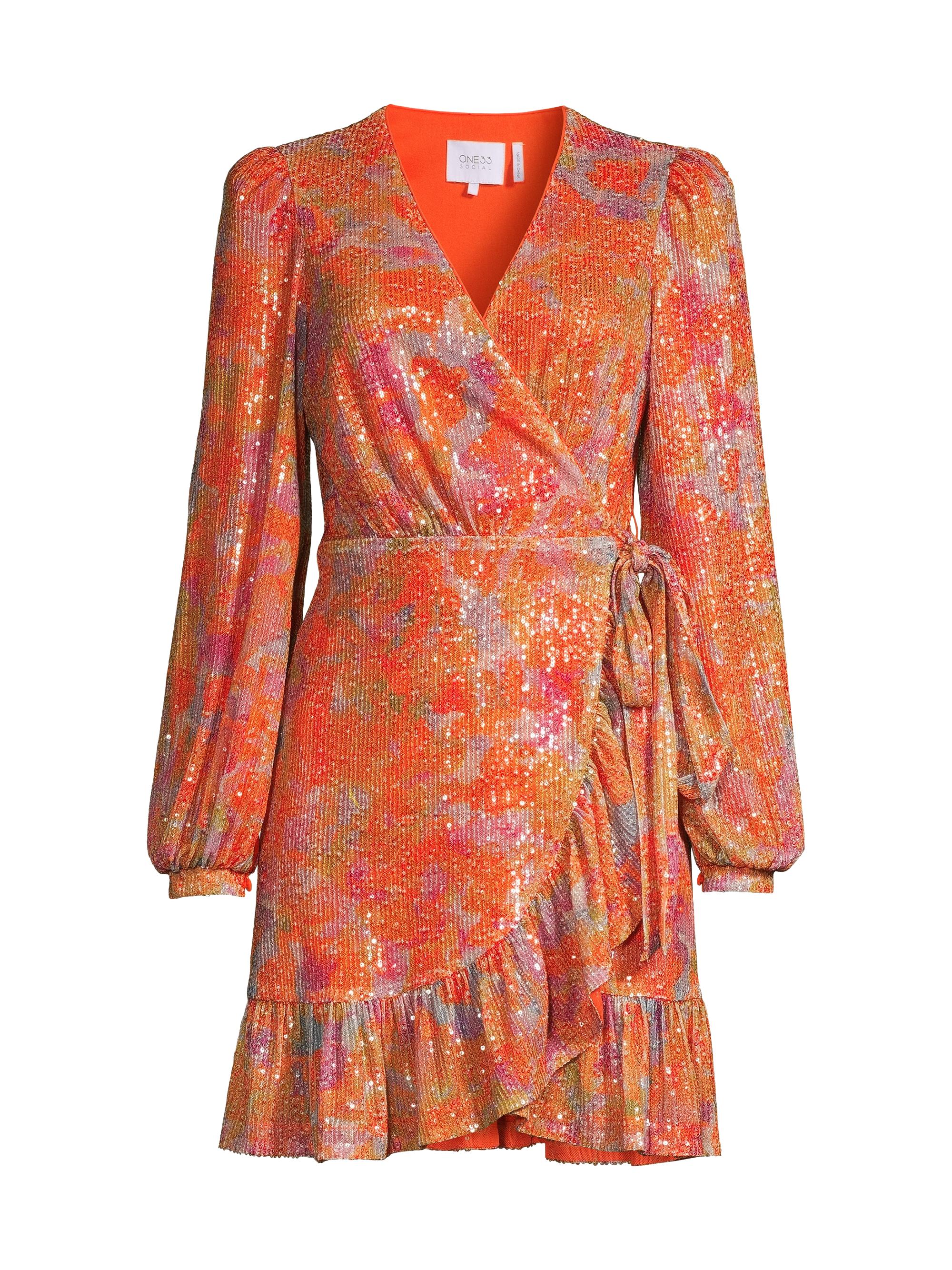 One33 Social Women's Sequined Ruffled Wrap Dress - Orange Multi
