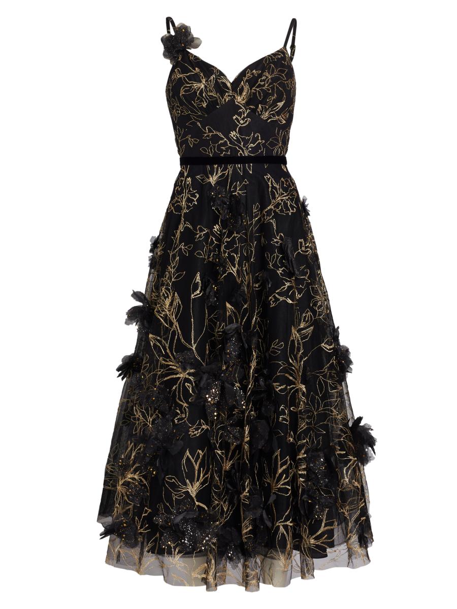 marchesa notte embellished tulle midi dress Marchesa Notte Floral-Embroidered Tulle Midi Dress