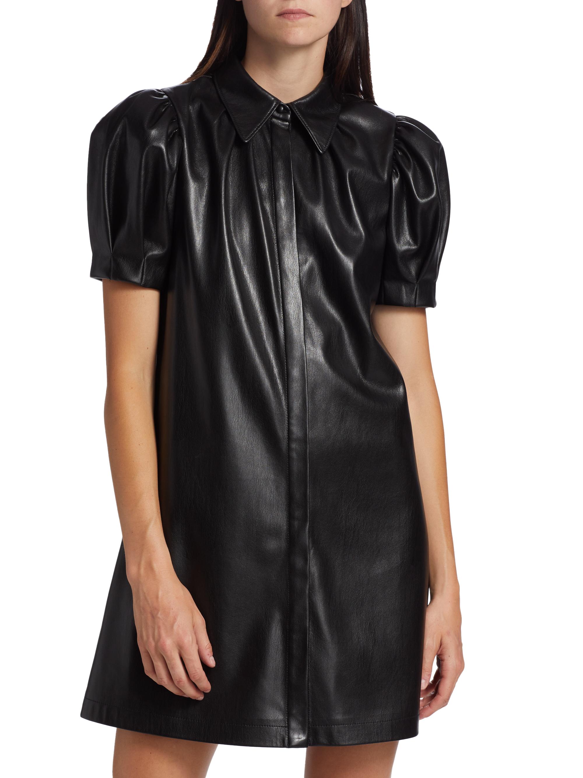 slim fit dress slacks INCOGNITO LASER CUT OUT FAUX LEATHER SHIRT DRESS  AKIRA