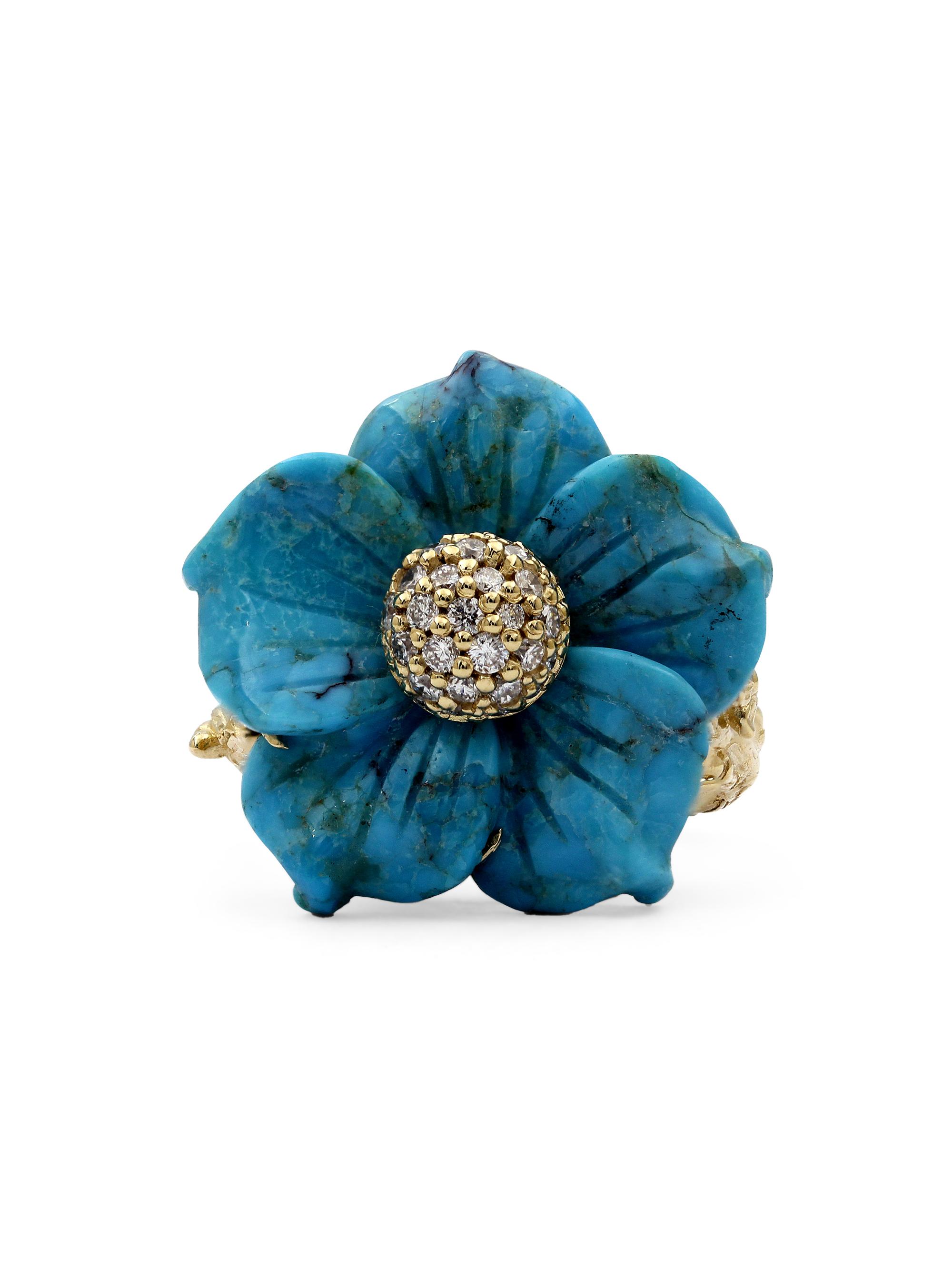 Stephen Dweck Women's Luxury 18K Yellow Gold, Turquoise, & 0.25 TCW Diamond Flower Ring