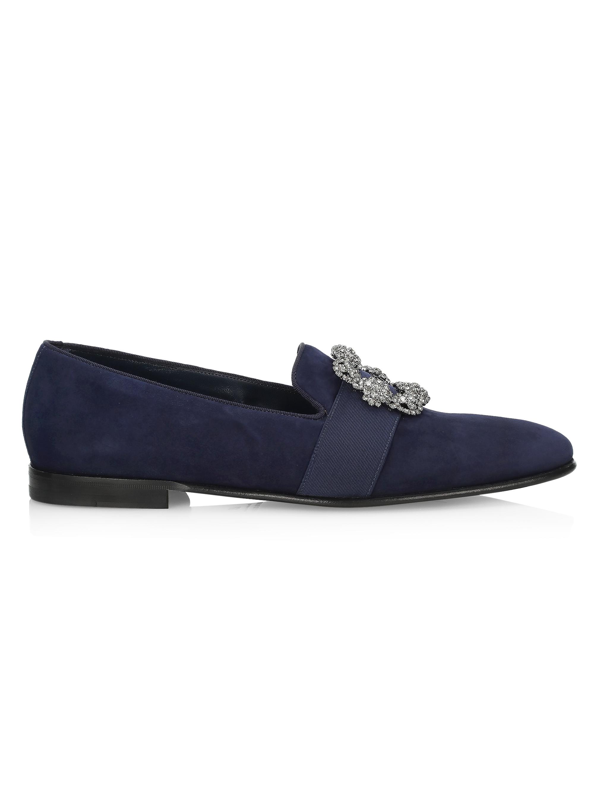 Manolo Blahnik Men's Carlton Crystal Buckle & Rhinestone Loafers - Navy