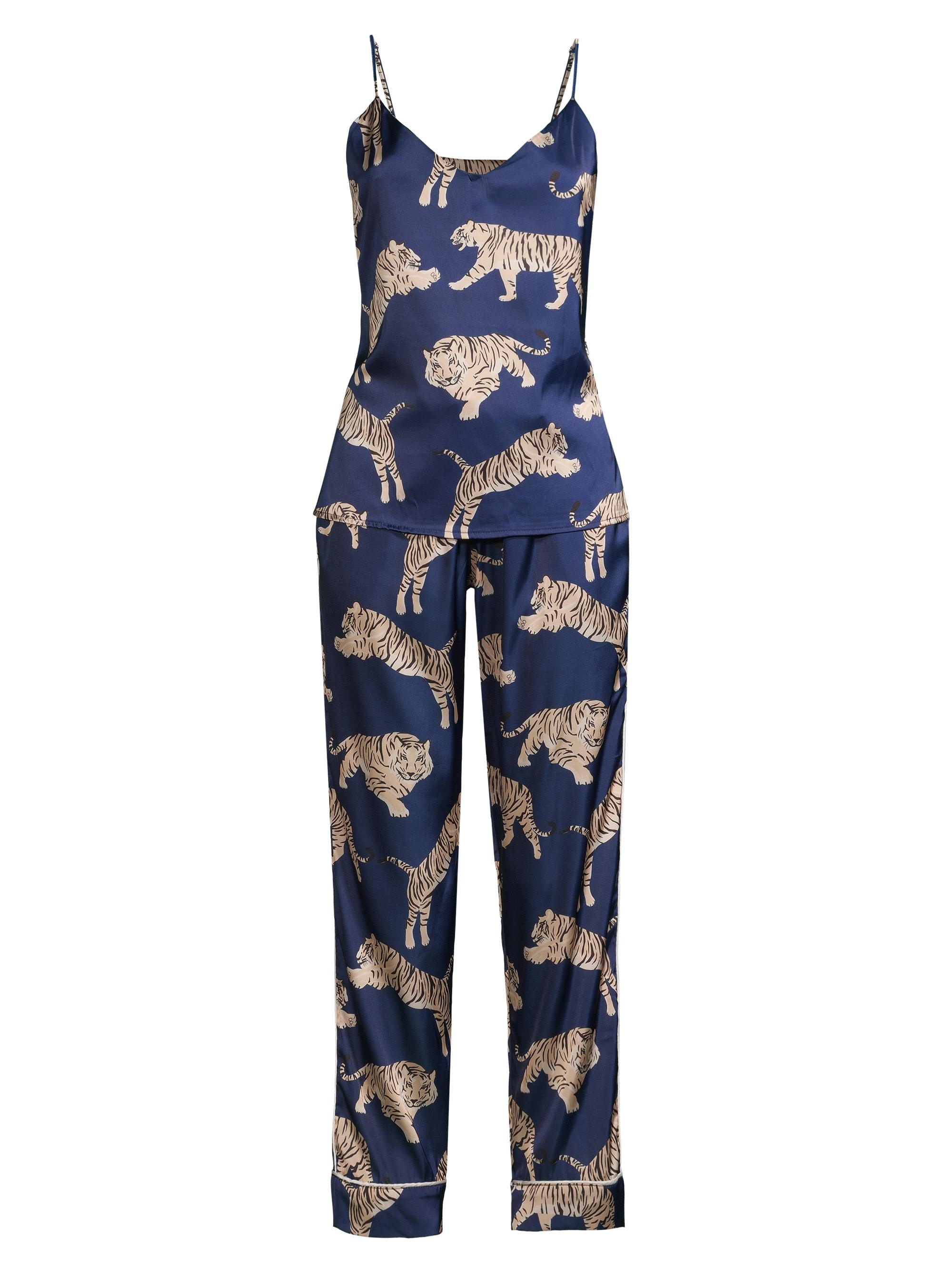 Averie Sleep Women's Tiger-Print Long Camisole Pajama Set - Navy Blue