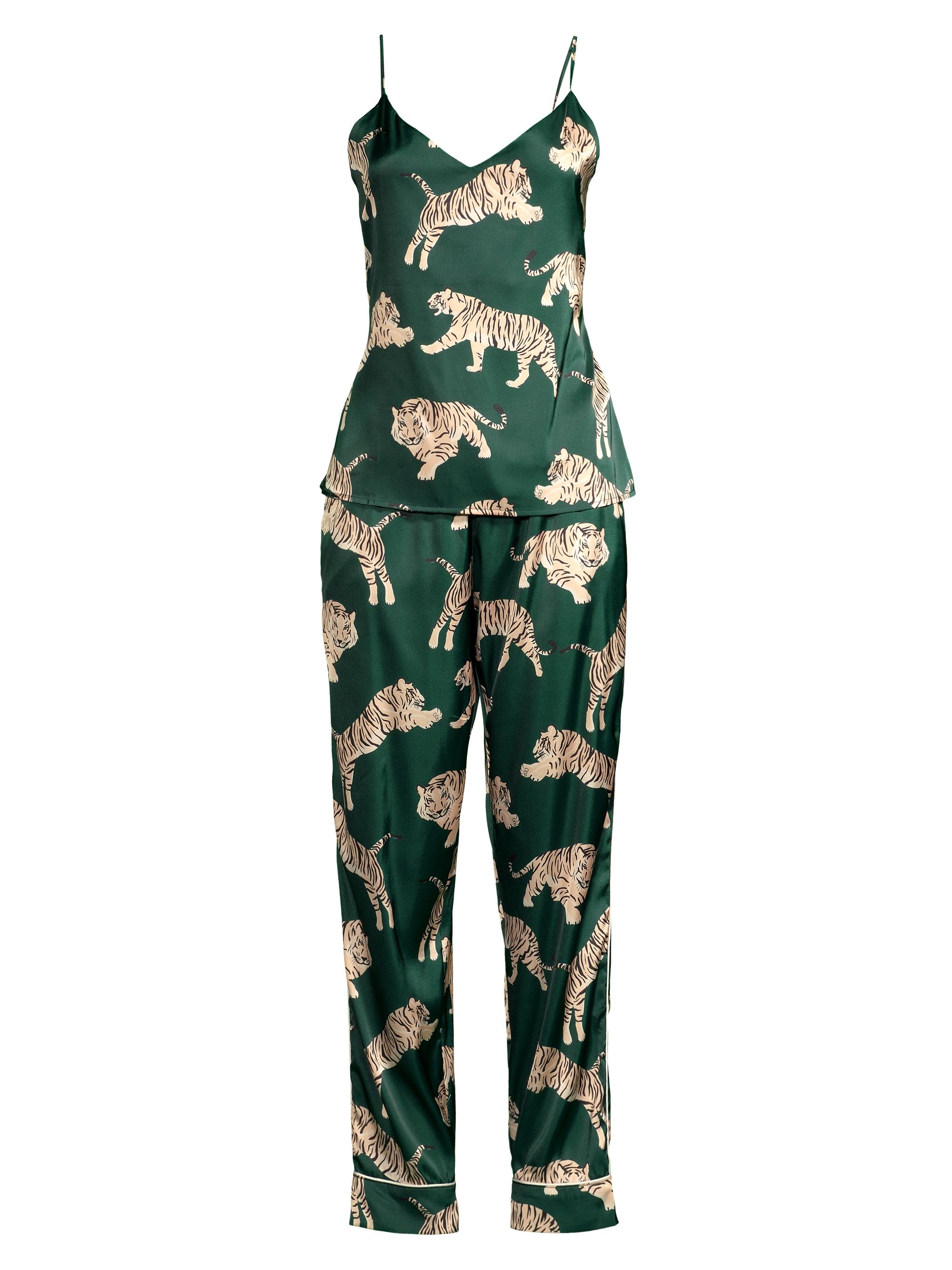 Averie Sleep Women's Tiger-Print Zola Long Camisole Pajama Set - Emerald Green