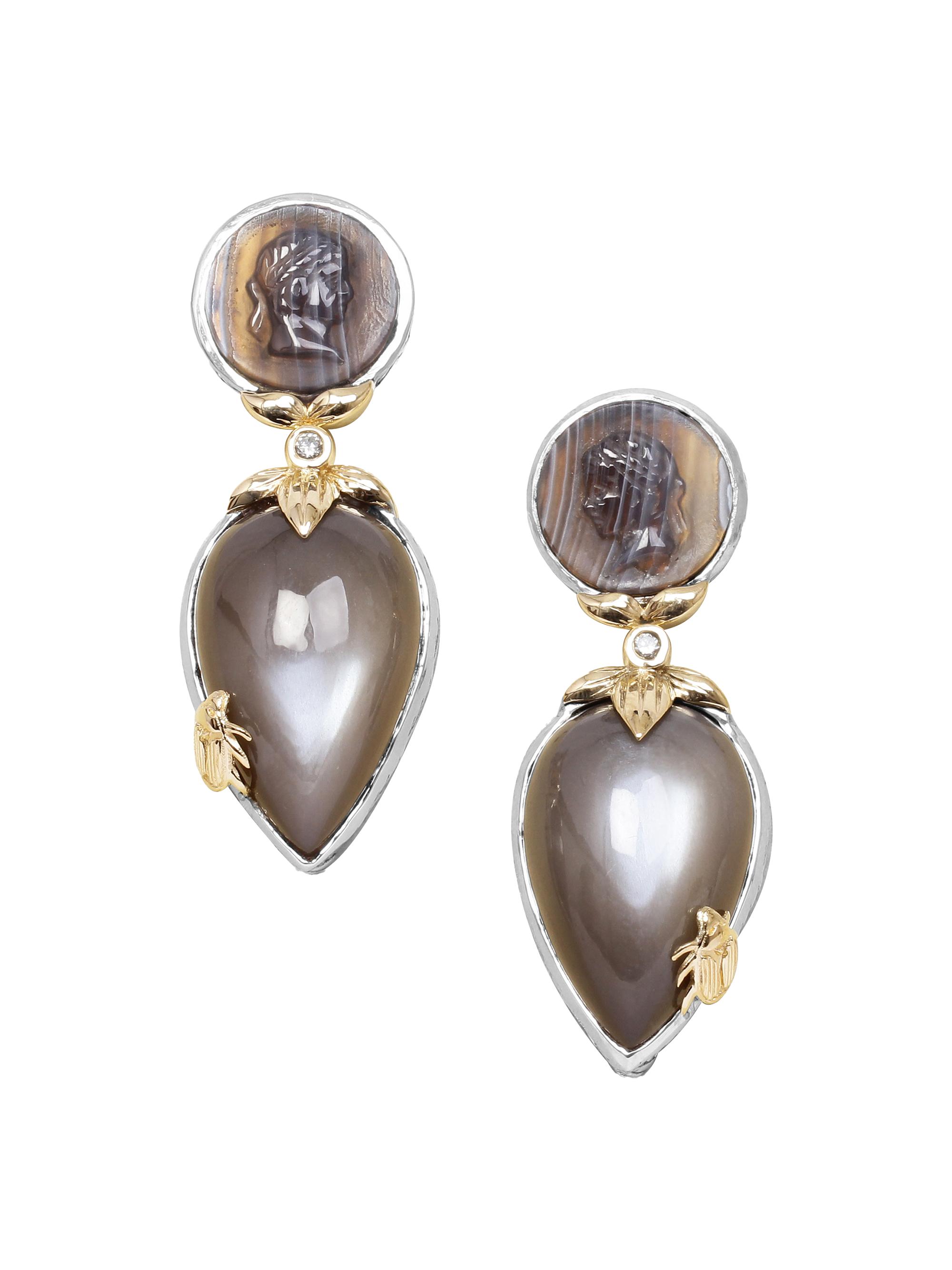 Stephen Dweck Women's One-Of-A-Kind Botswana Agate, Moonstone, 0.05 TCW Diamond, Sterling Silver & 18K Gold Earrings