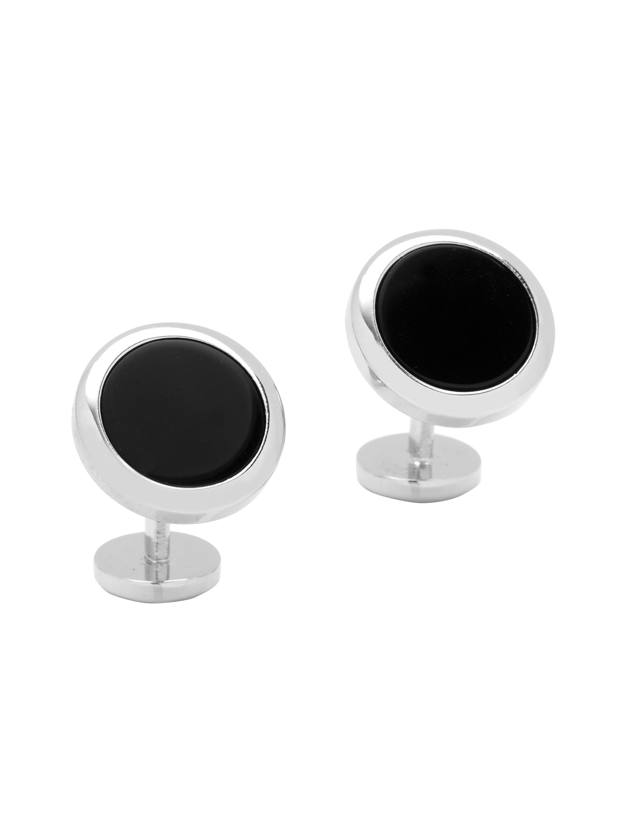 Cufflinks, Inc. Men's Double-Sided Onyx Round Beveled Cufflinks - Silver