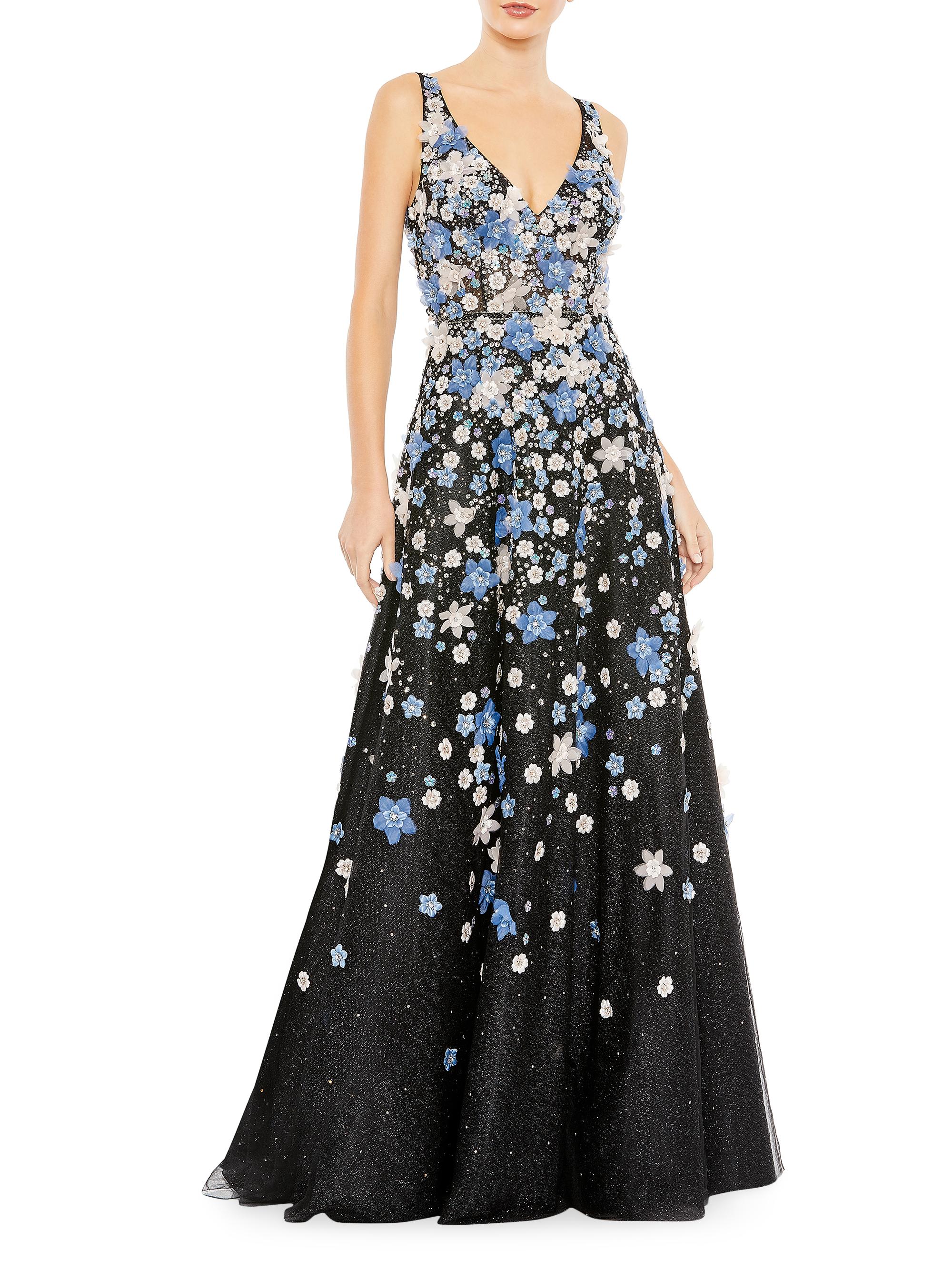 Mac Duggal Women's Floral Appliqué V-Neck A-Line Gown - Black Multi