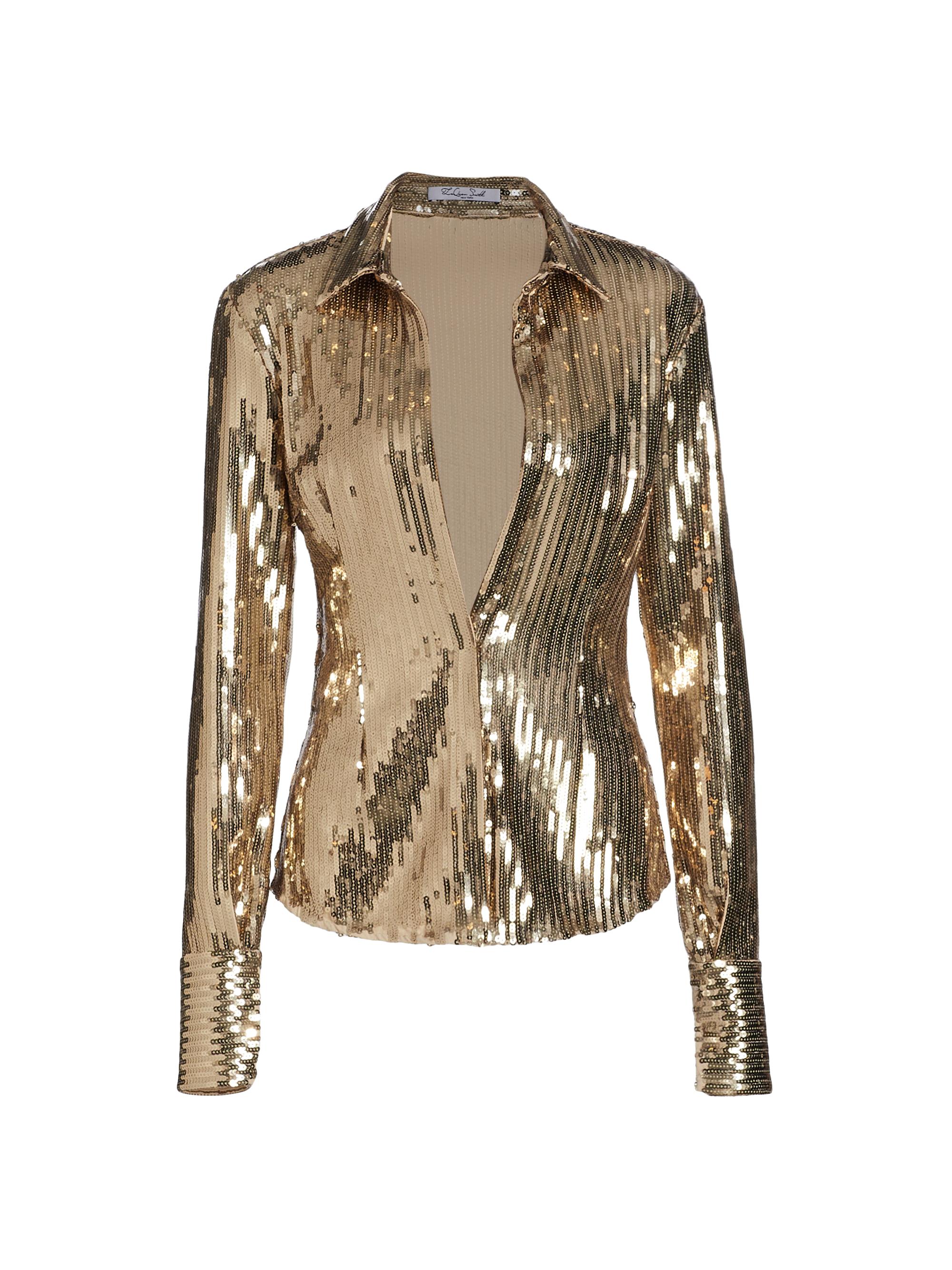 LaQuan Smith Women's Sequined Plunge Shirt - Gold