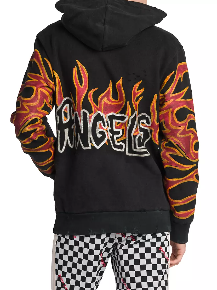 PANII Palm Angels Hoodie for Man Cuffs Flame Print Back Retro Letters  Hip-hop Street Pullover Sweater Heavyweight Hooded Top