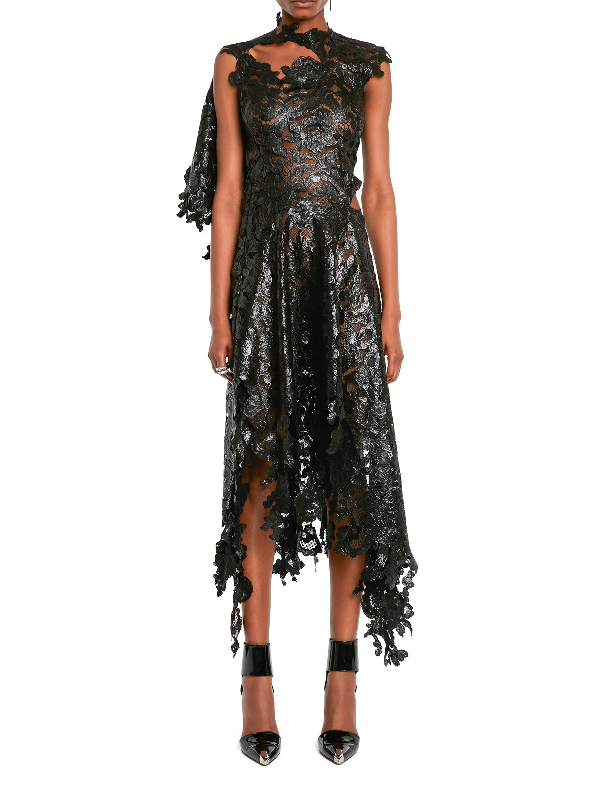 McQueen Asymmetric Lacquered Floral-Lace Dress | Saks Fifth Avenue
