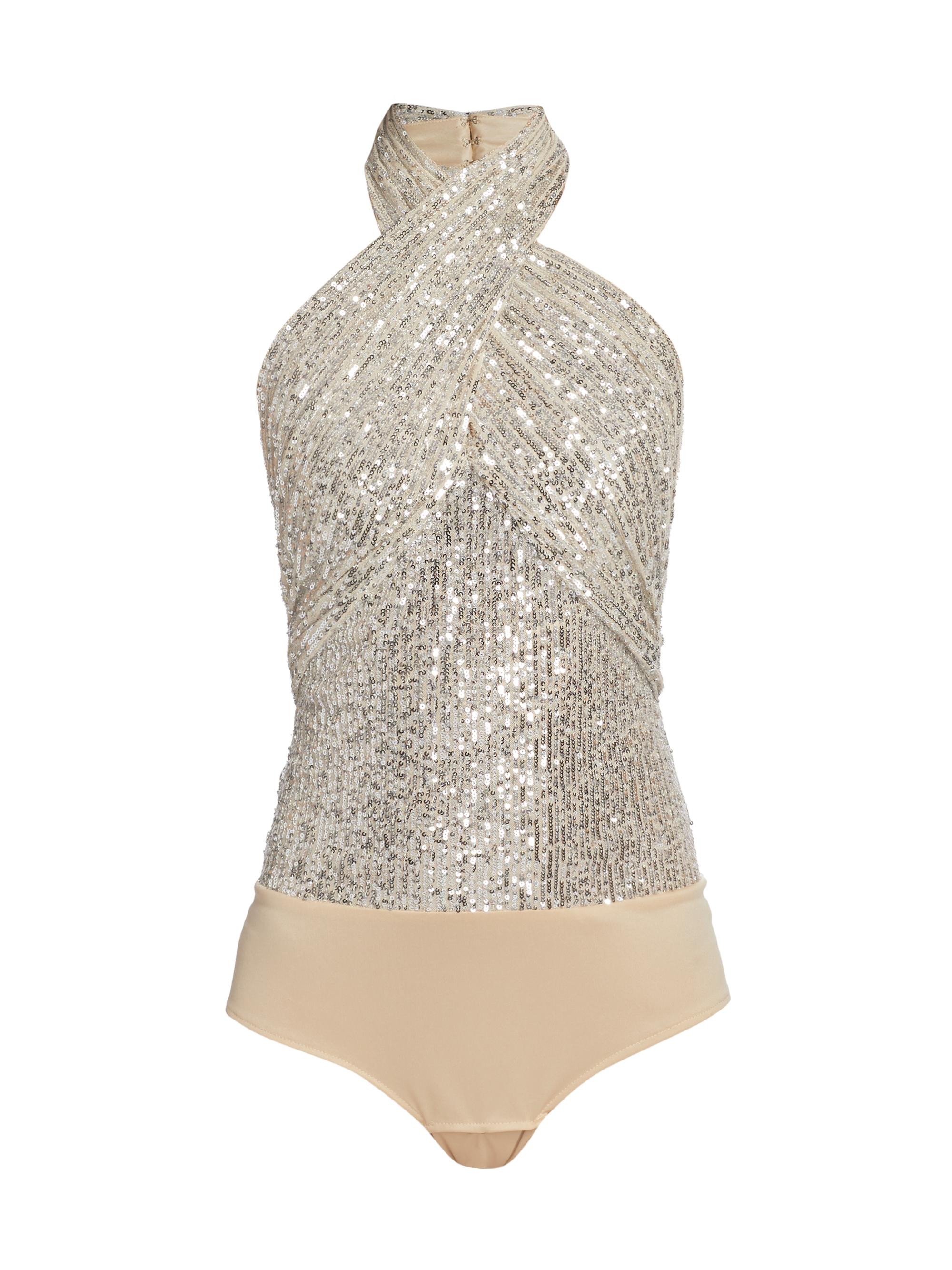 Mac Duggal Women's Sequined Halterneck Bodysuit - Beige Silver