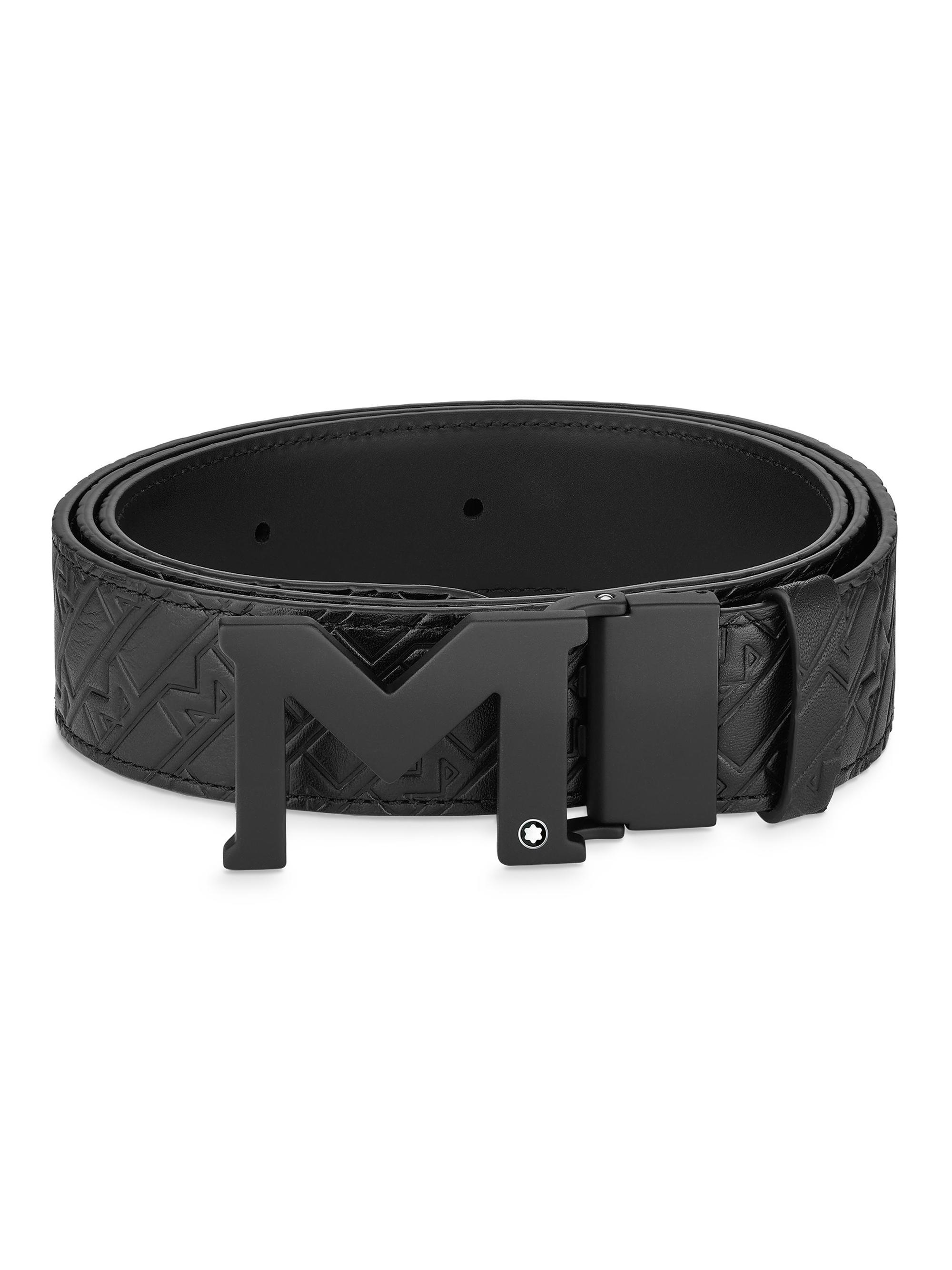 Montblanc en's  Rubberized Buckle Cut-to-Size Reversible Leather Belt - Black