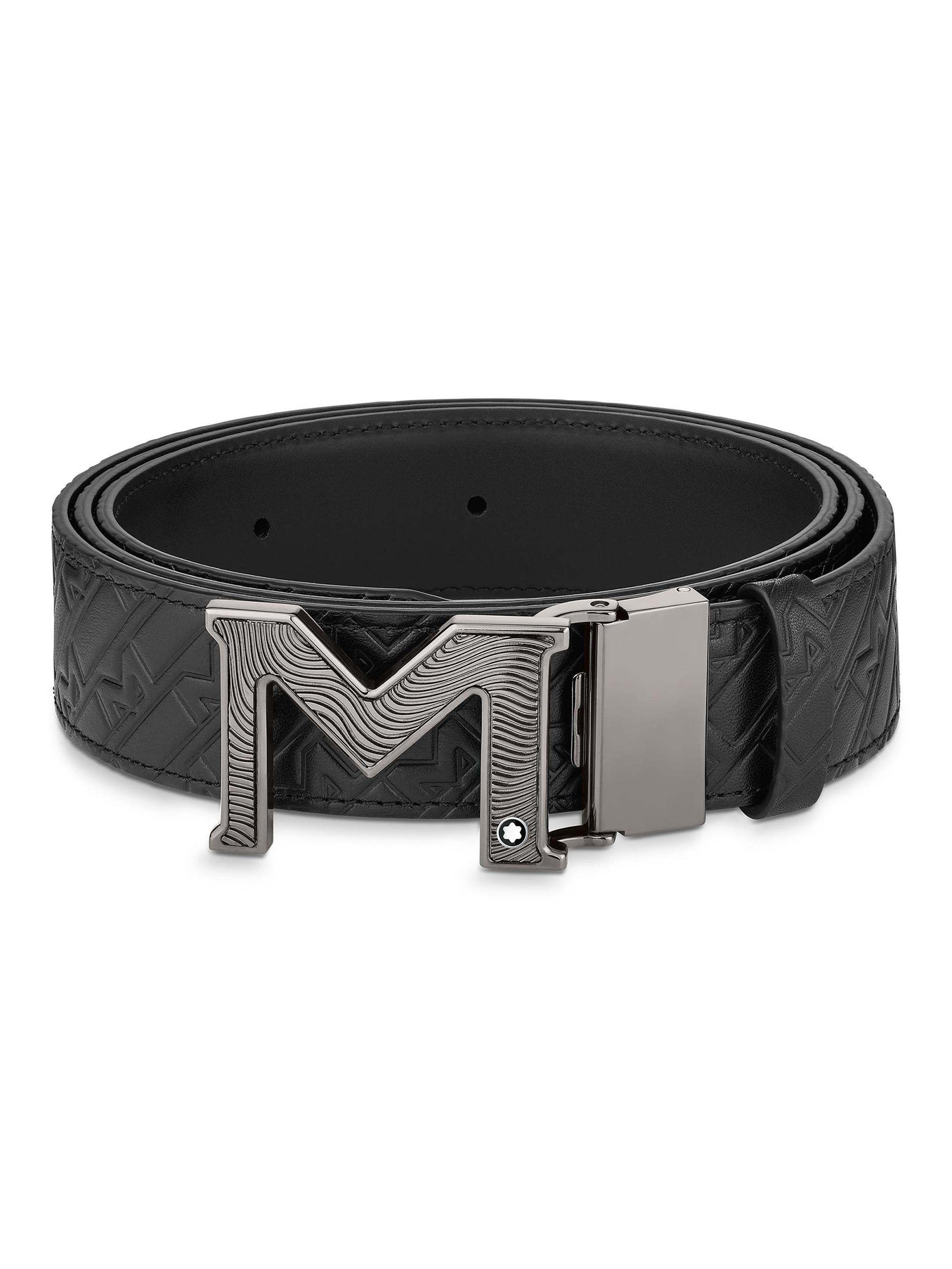 Montblanc en's  Guillochè Buckle Reversible Leather Belt - Black