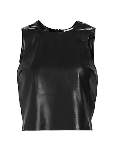 Black Faux Leather Round Neck Sleeveless Crop Top - Hot Miami Styles