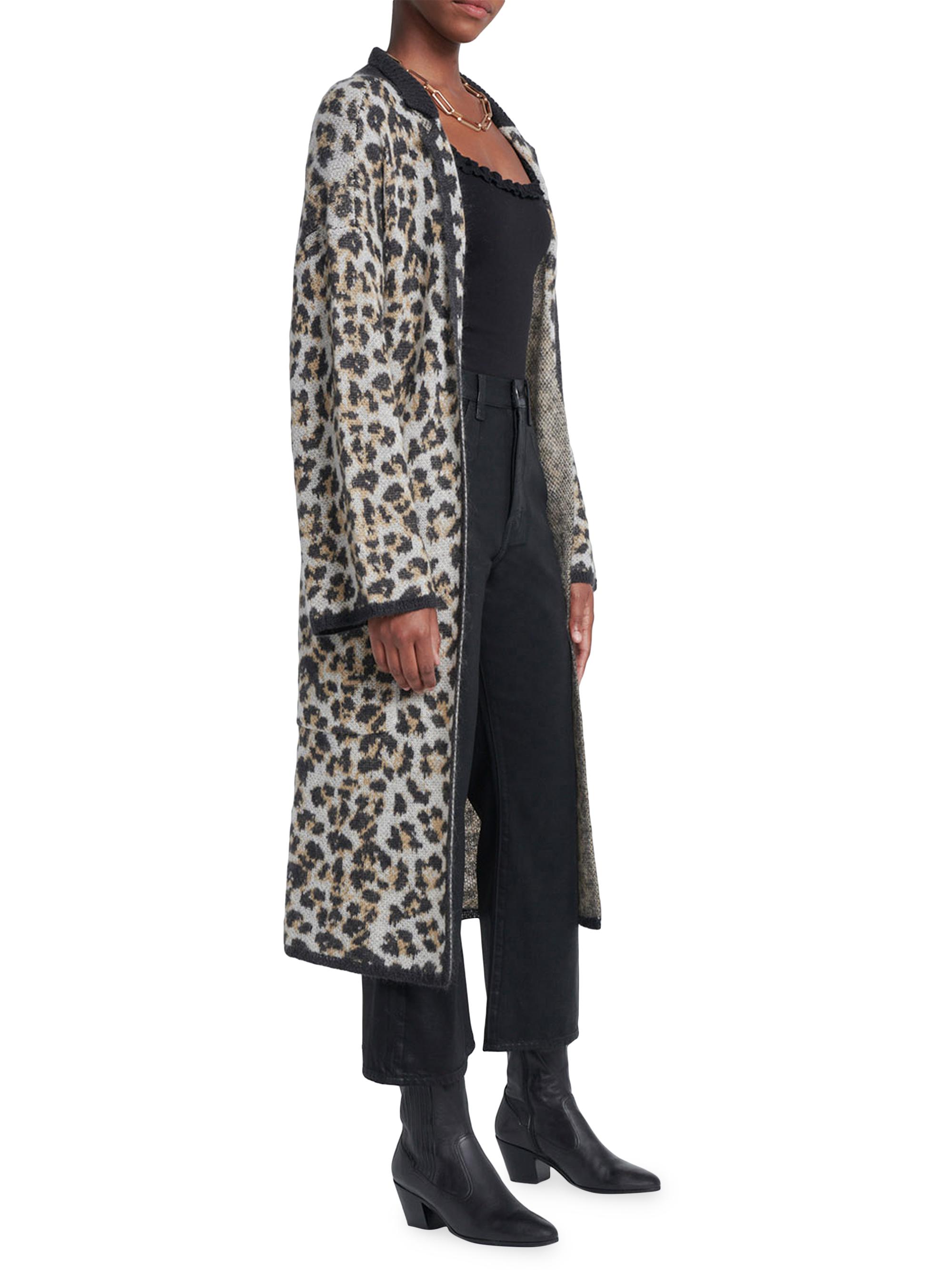 7 For All Mankind Tie-Waist Leopard Jacquard Long Cardigan