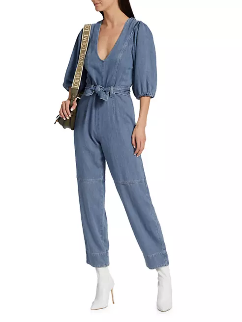 Shop 7 For All Mankind Puff-Sleeve Denim Jumpsuit | Saks Fifth Avenue