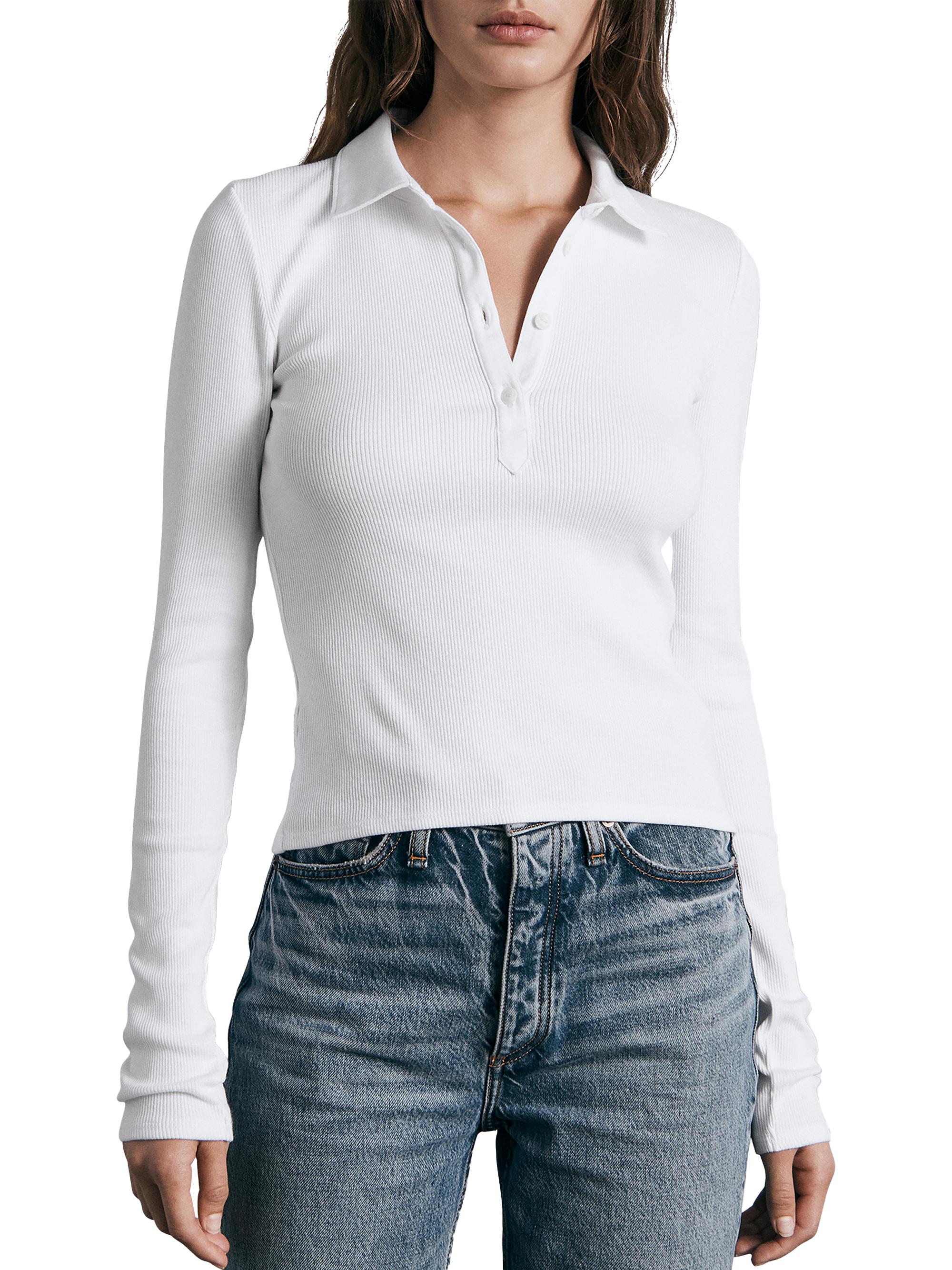 rag & bone Women's Essential Rib-Knit Polo Top - White