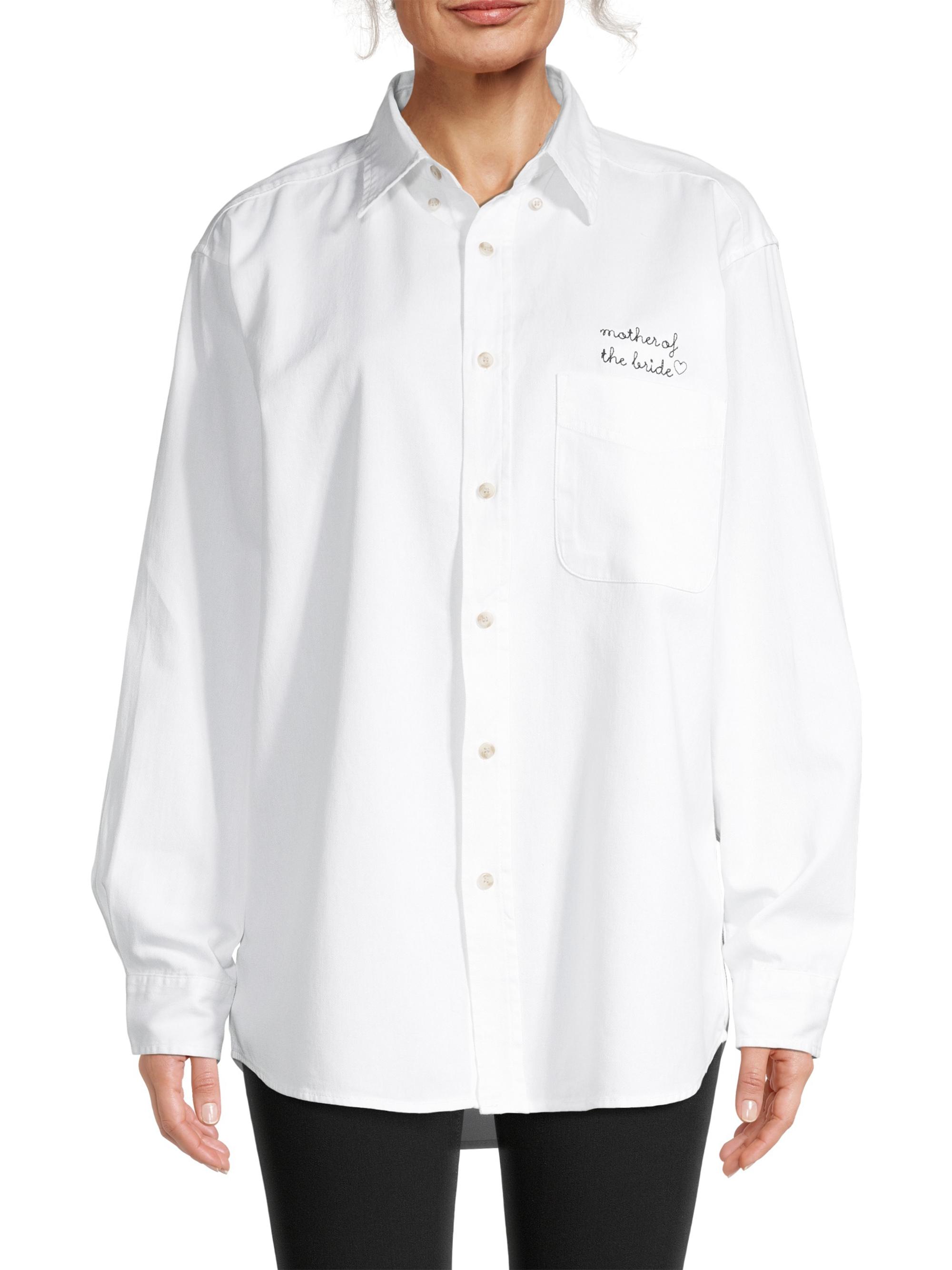 juju + stitch Oversized Mother Of The Bride Embroidered Button-Up Shirt - White - side view in White