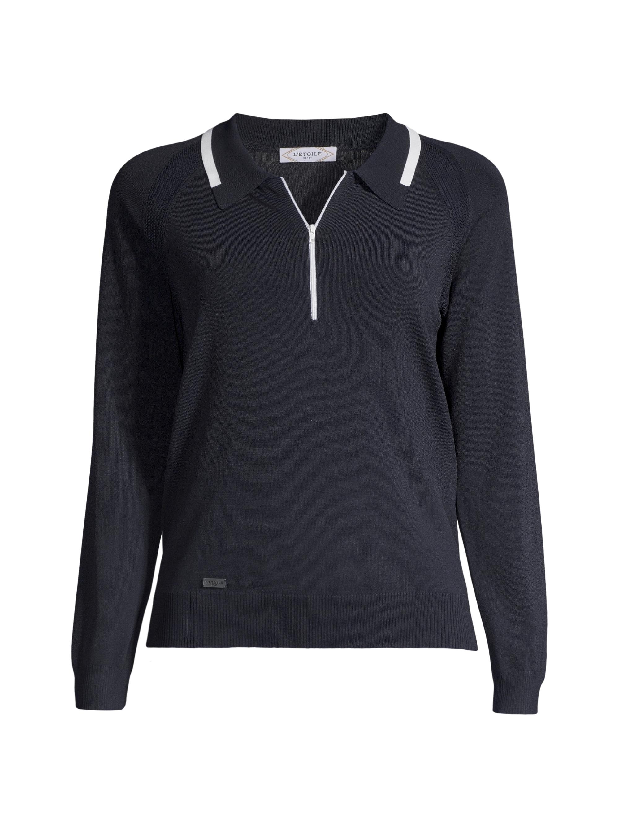 L'Etoile Sport Women's Tennis Quarter-Zip Knit Tee - Navy With White Trim