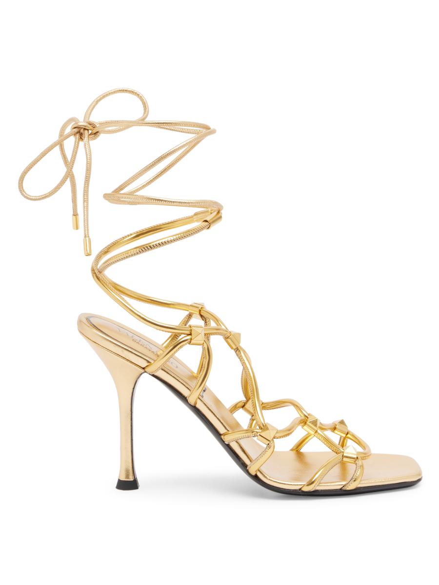 【関税&送料込】Valentino Garavani Sandals Golden Valentino Garavani Rockstud Embellished Net Sandals | Saks