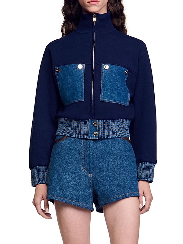 Sandro Knit and Denim Coatigan | Saks Fifth Avenue Sandro Knit and Denim Coatigan | Saks Fifth Avenue