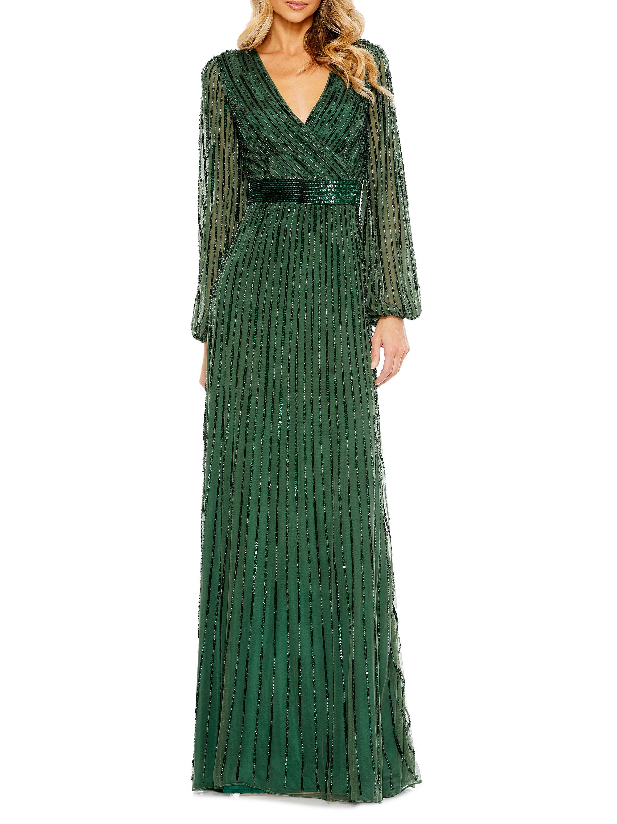 Mac Duggal Women's Sequin-Embellished Bishop-Sleeve Gown - Dark Green