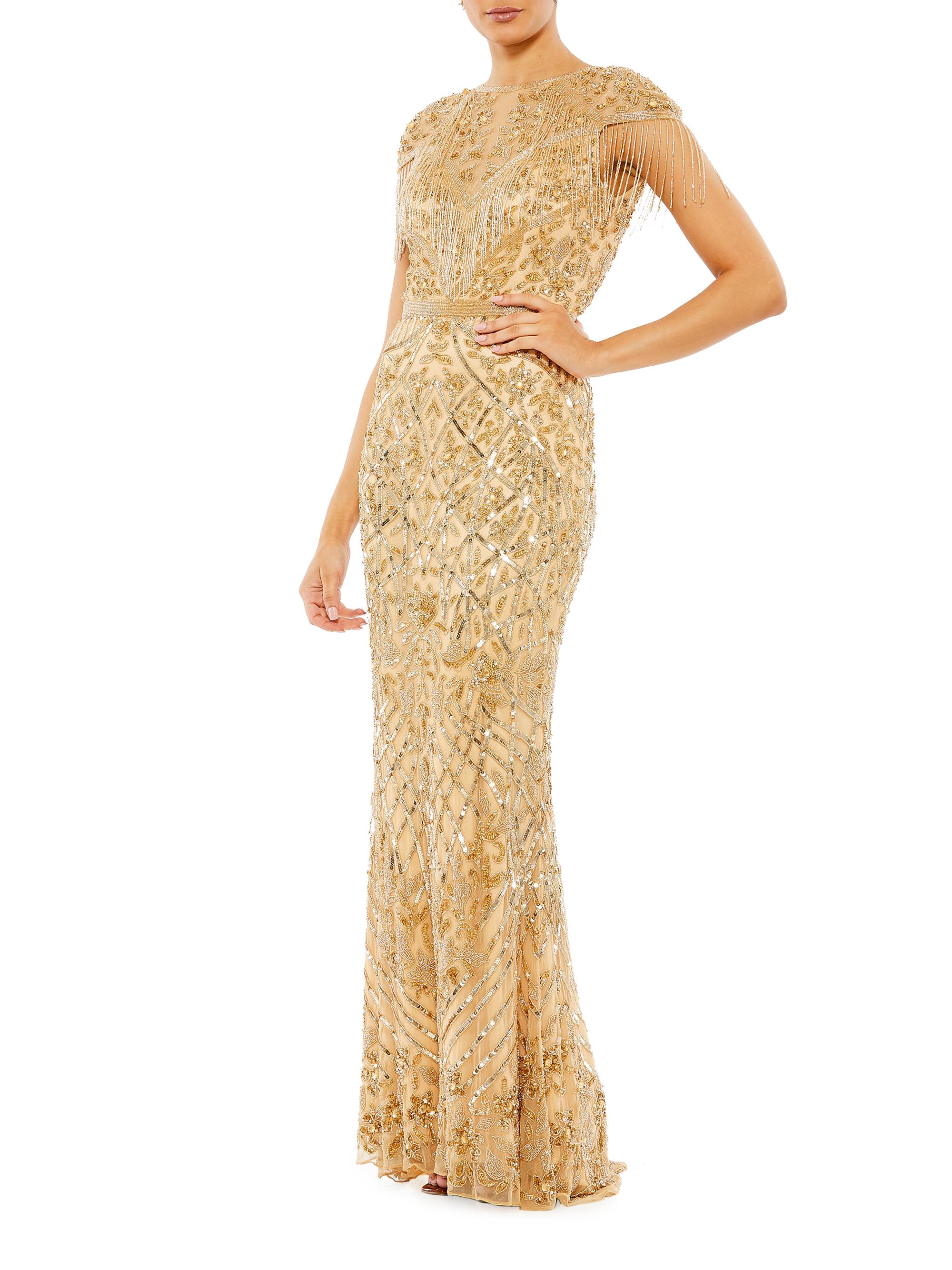 Mac Duggal Women's Embellished Fringe Cap-Sleeve Trumpet Gown - Light Gold