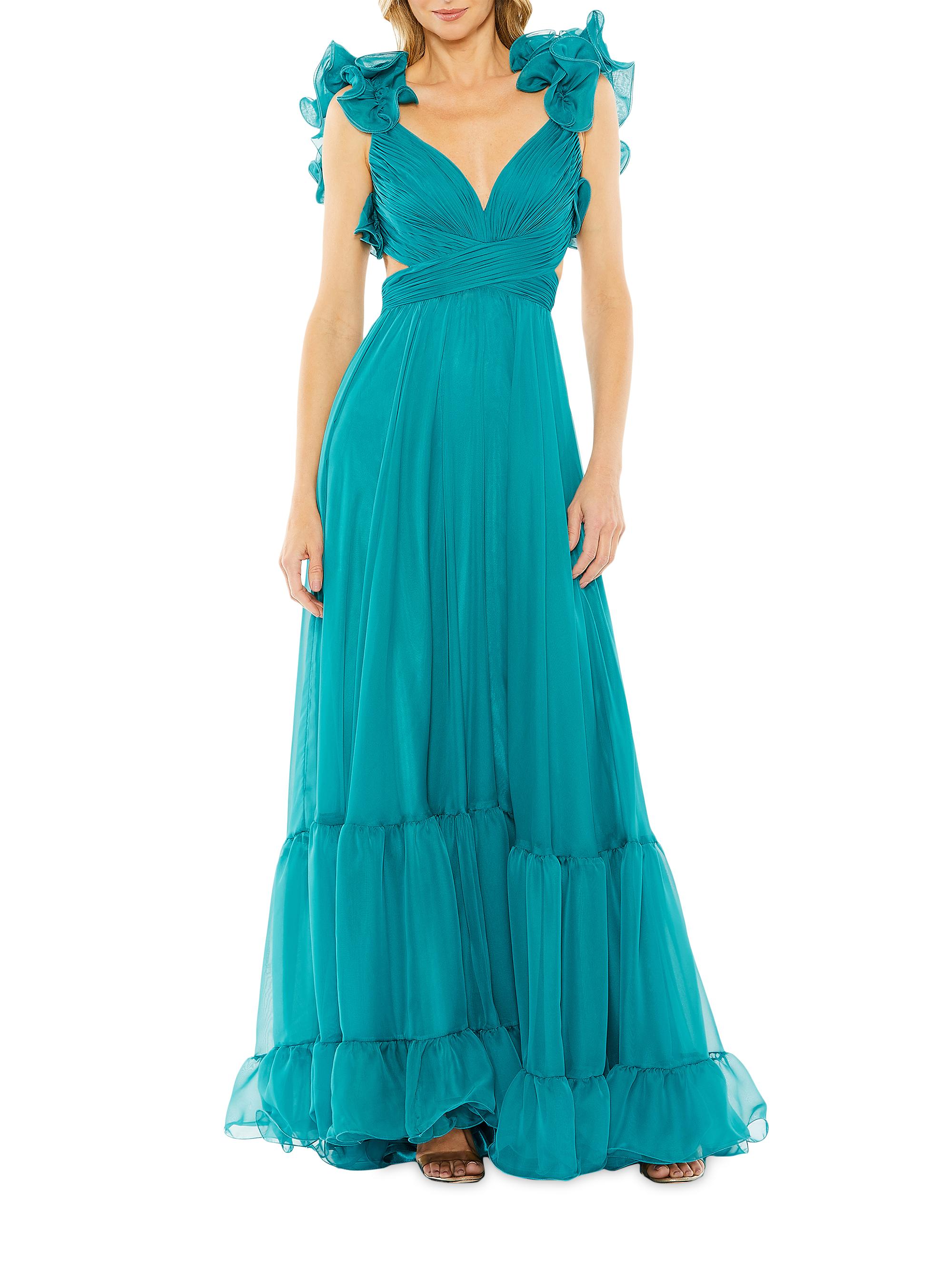Mac Duggal Women's Ieena Ruffle Tiered Cut-Out Chiffon Gown - Turquoise