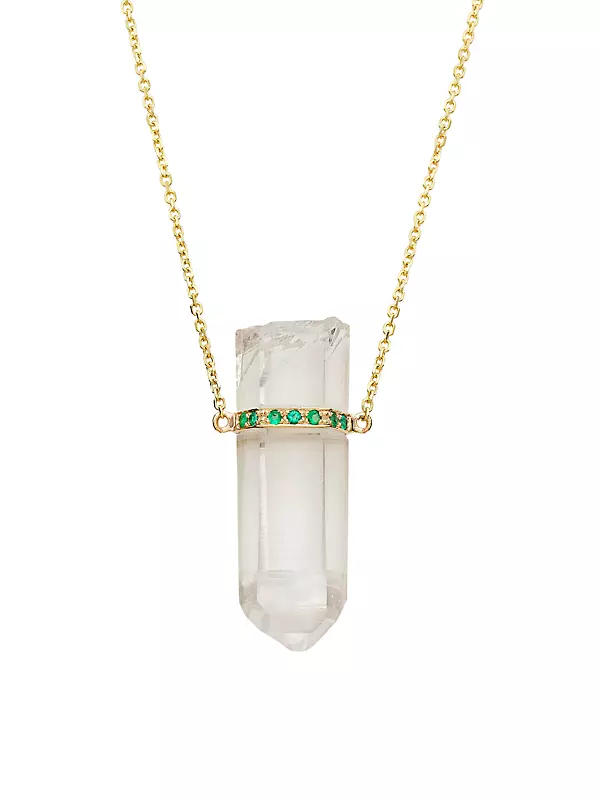 18K Yellow Gold, Crystal Quartz, & Emerald Pendant Necklace