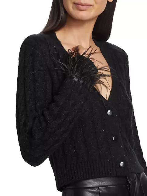 Willow & Root Feather Trim Cardigan Sweater - Black Small, Women's