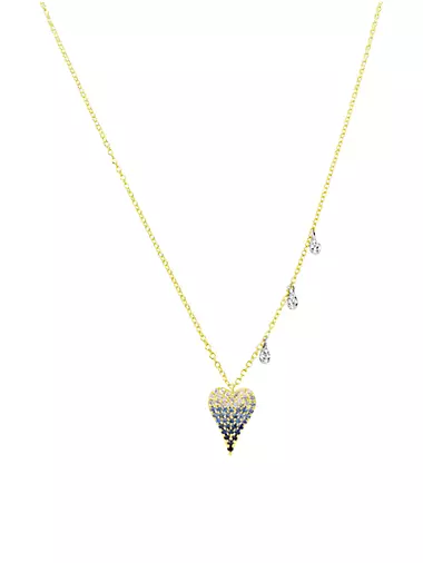 14K Yellow Gold, Blue Sapphire, & Diamond Heart Pendant Necklace