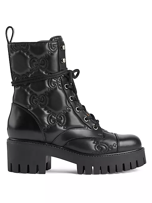 Gucci Women's Quilted-Logo Leather Combat Boots - Nero - Size 7.5