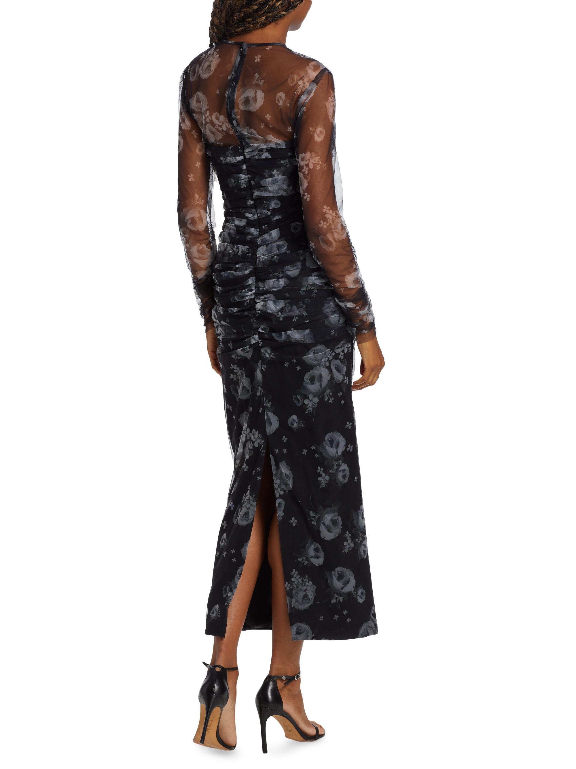 Lela Rose Gathered Semi-Sheer Floral Midi-Dress | Saks Fifth Avenue