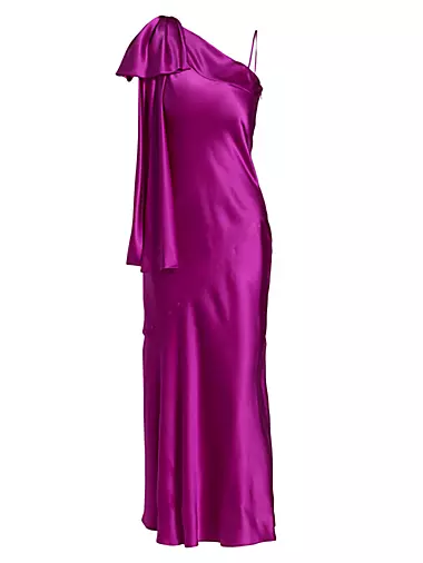 Purple Silk Satin 1 Shoulder Dress With Bow Detail