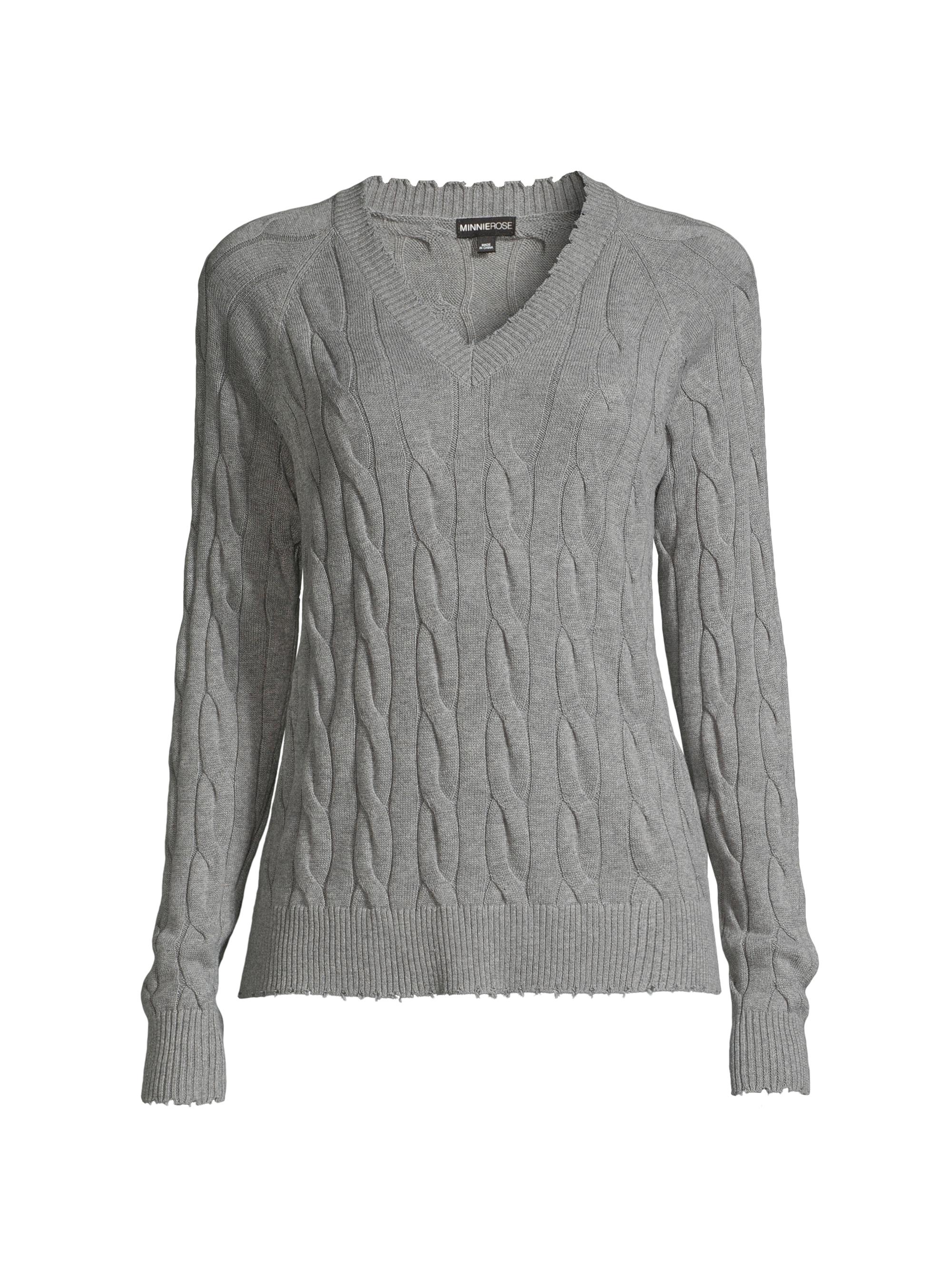 Minnie Rose Women's Frayed Cable-Knit Sweater - Grey Shadow