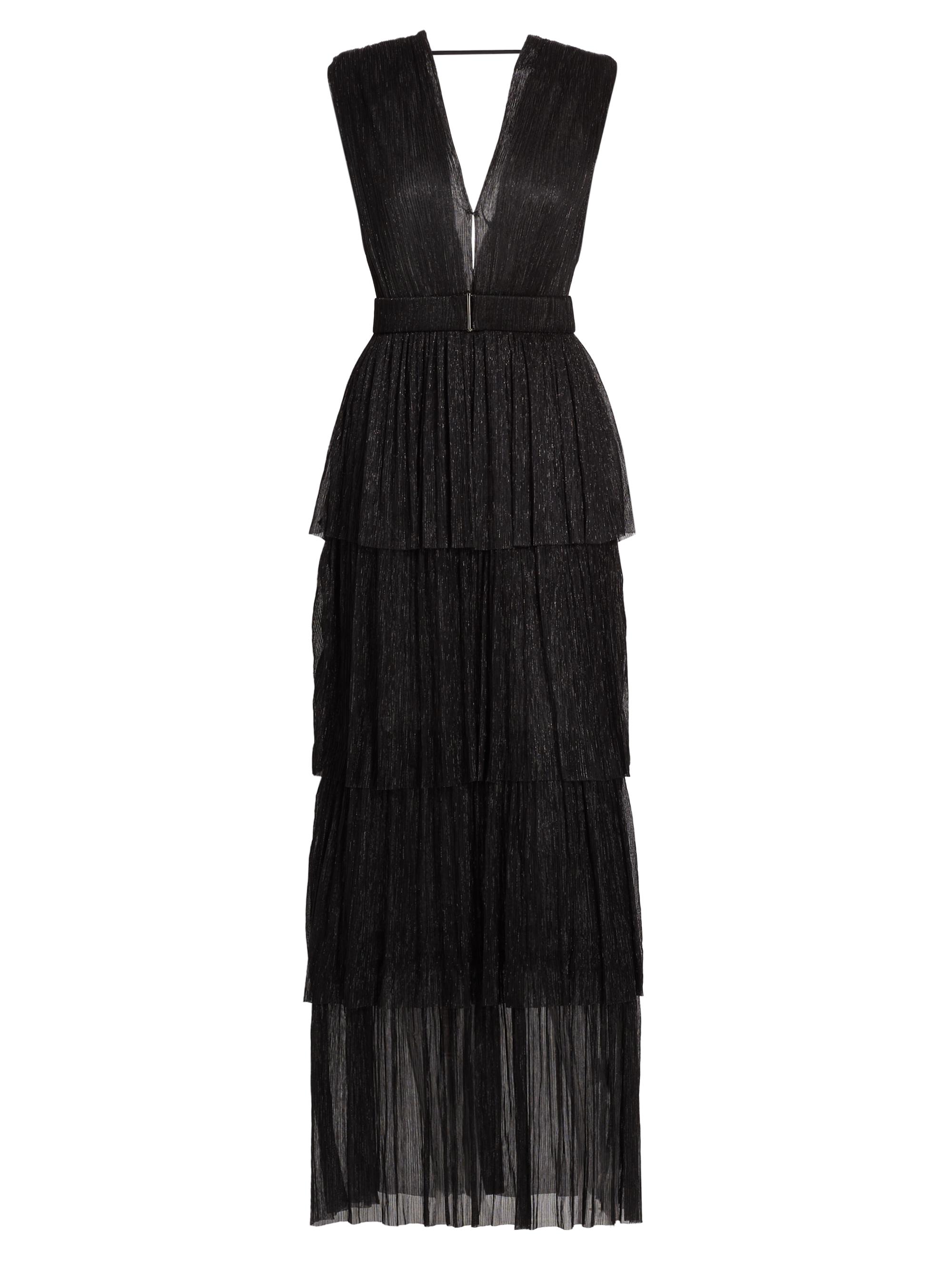 Sabina Musáyev Women's Skylar Tiered Belted Metallic Gown - Black