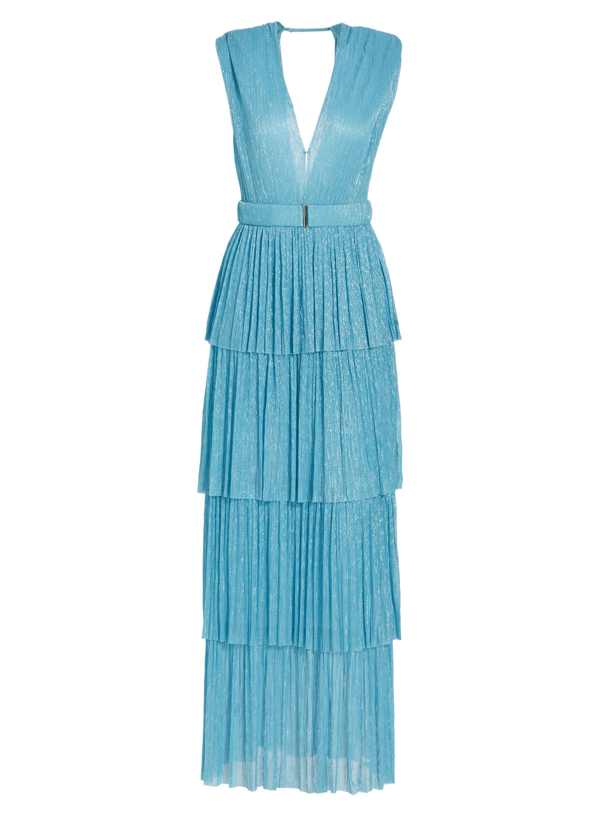 Sabina Musáyev Women's Skylar Tiered Belted Metallic Gown - Marine Blue