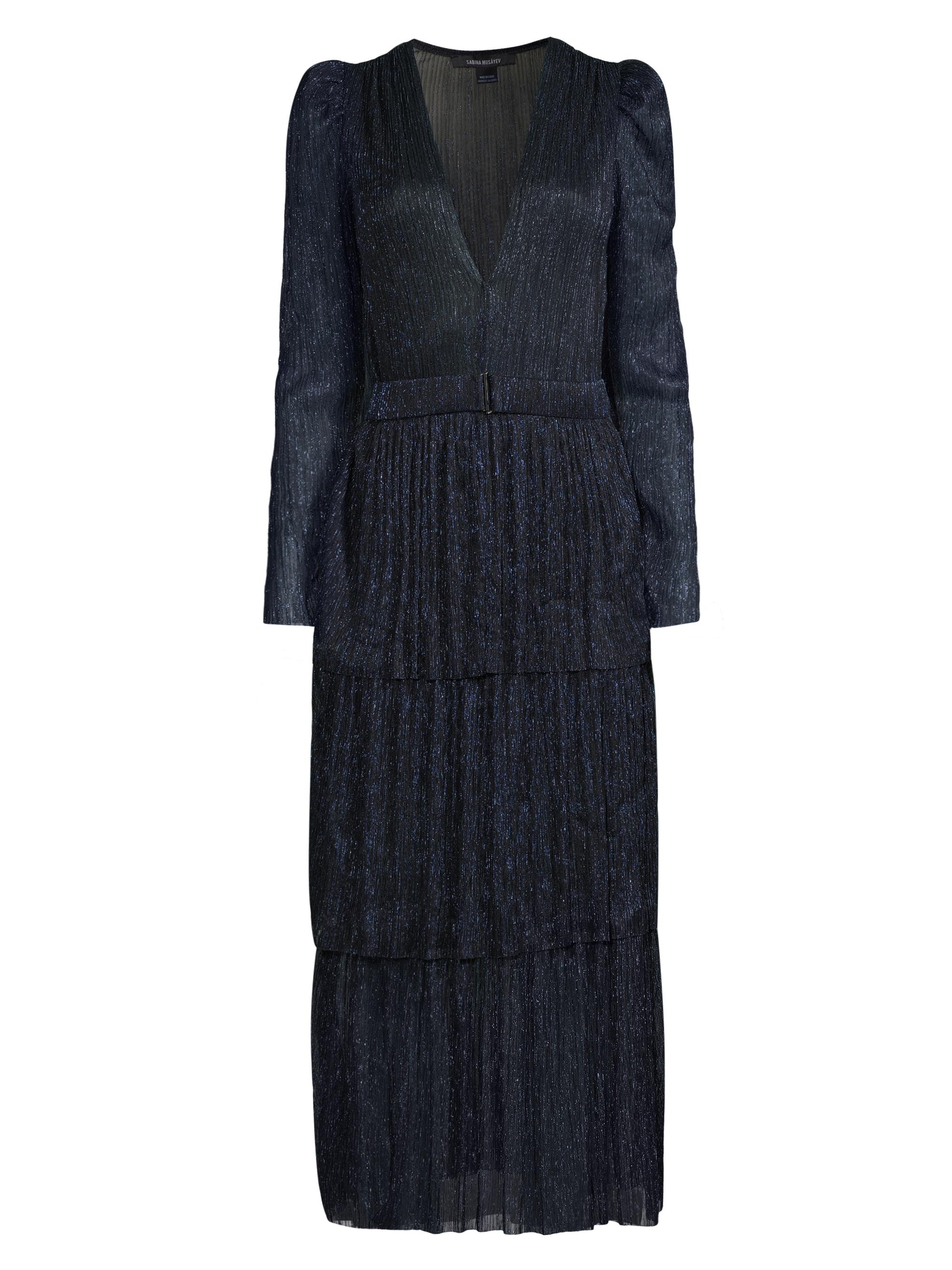 Sabina Musáyev Women's Carry Tiered Belted Metallic Dress - Navy