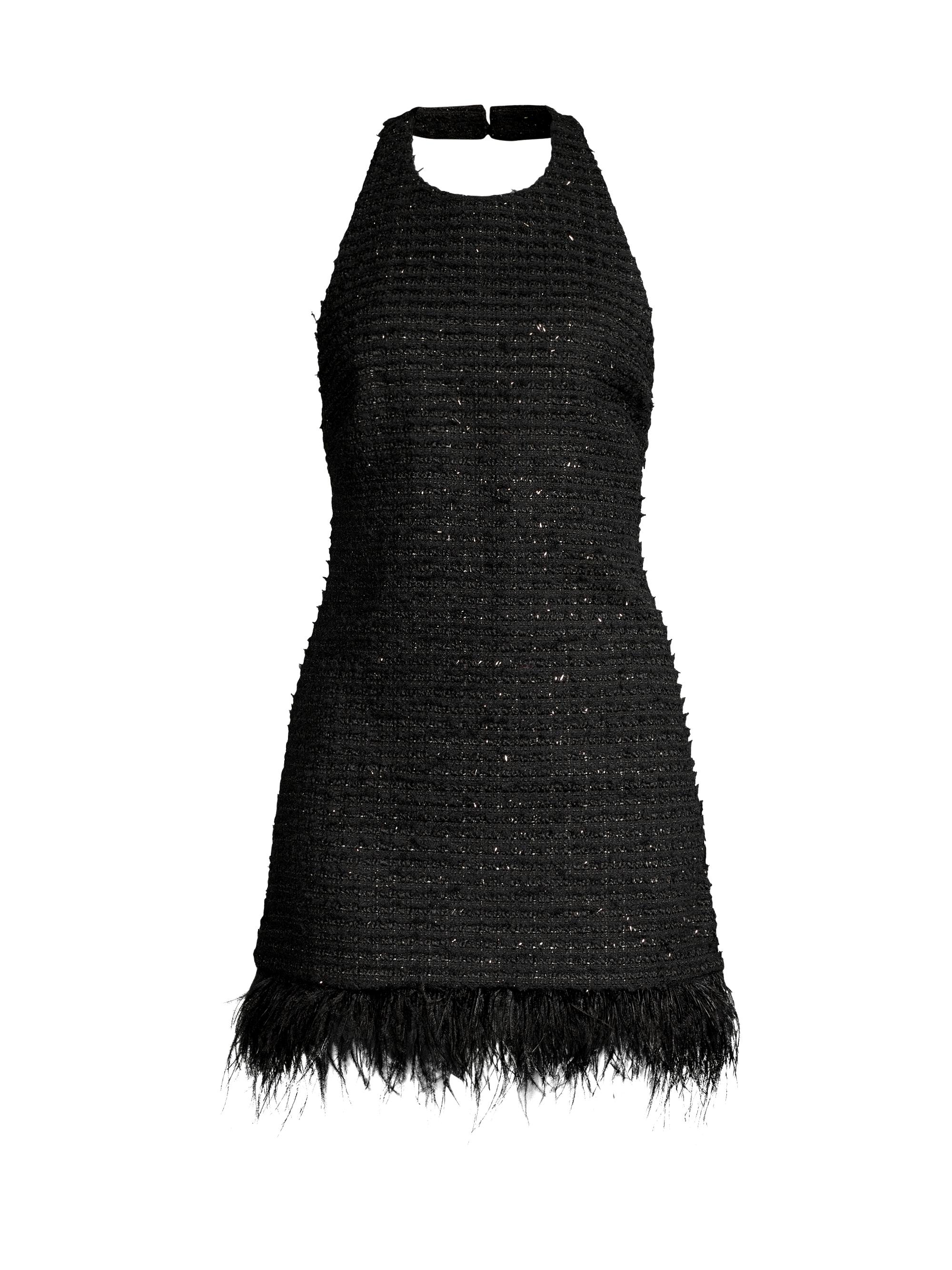 Aiifos Jackie Tweed Feather-Trim Halter Dress