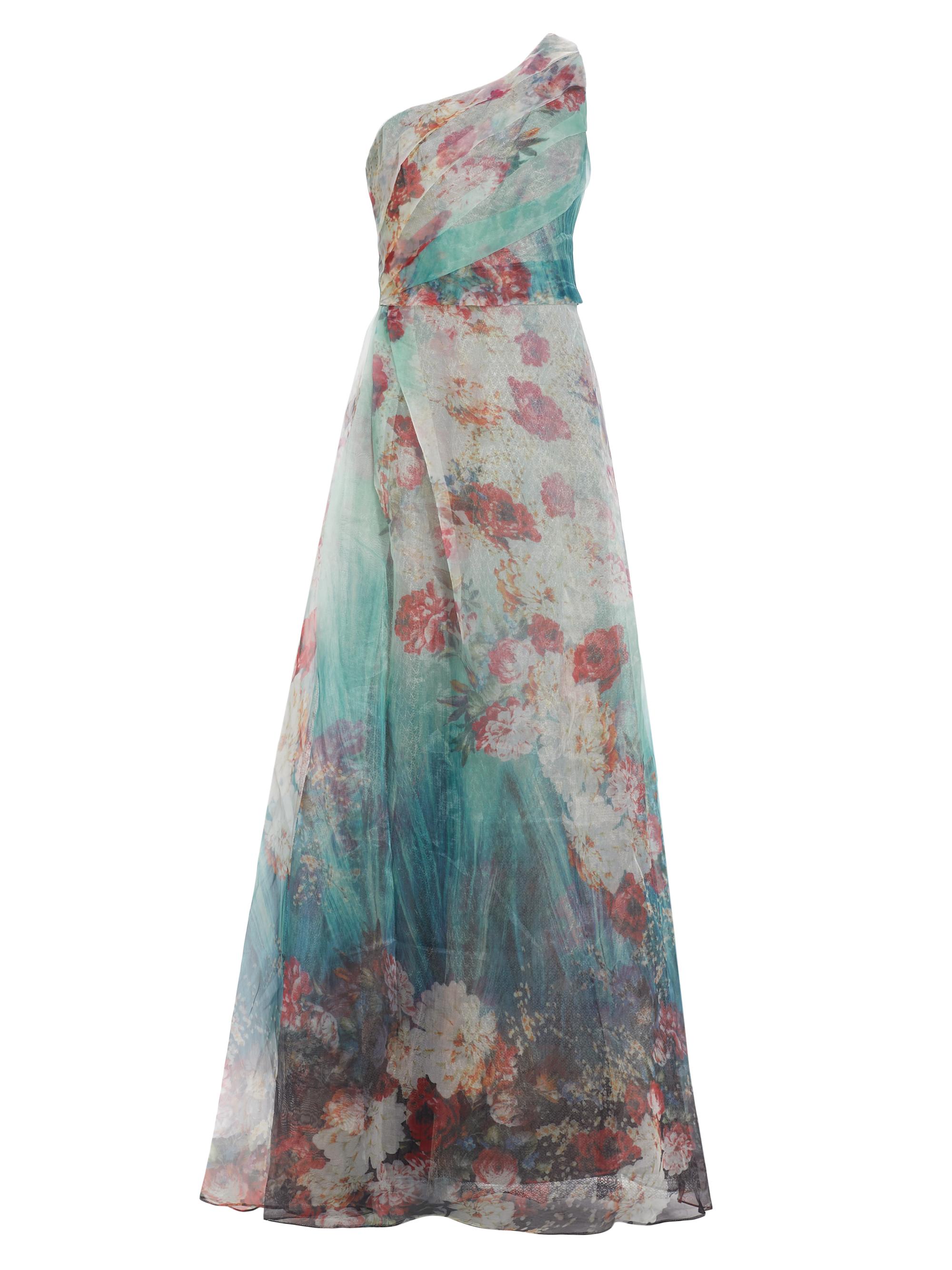 Rene Ruiz Collection Women's One-Shoulder Floral Print Gown - Aqua Multi