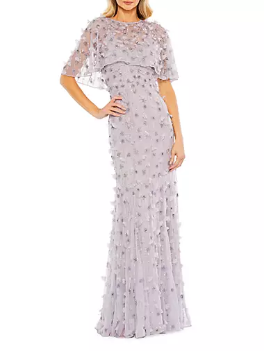 Embellished Illusion Cape-Sleeve Trumpet Gown