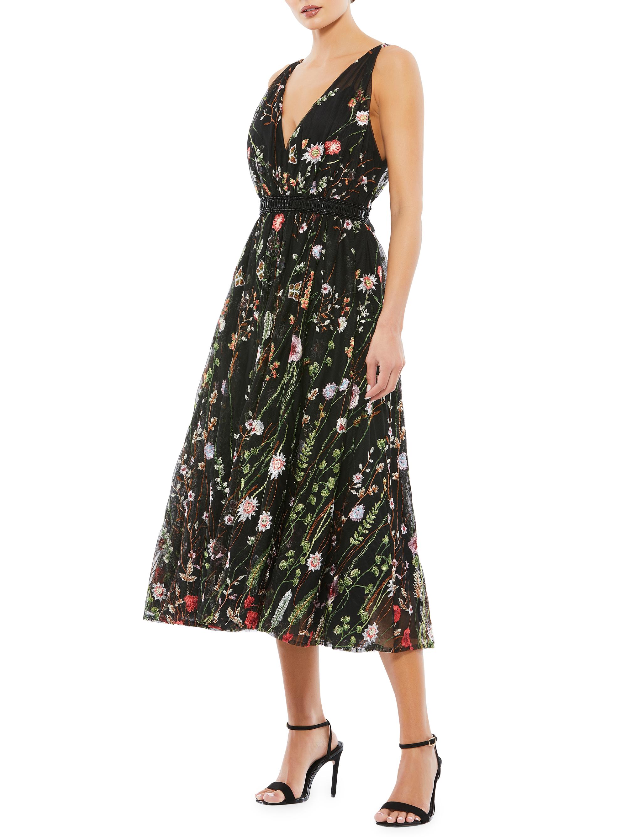 Mac Duggal Women's Floral-Embroidered Tulle Midi-Dress - Black Multi