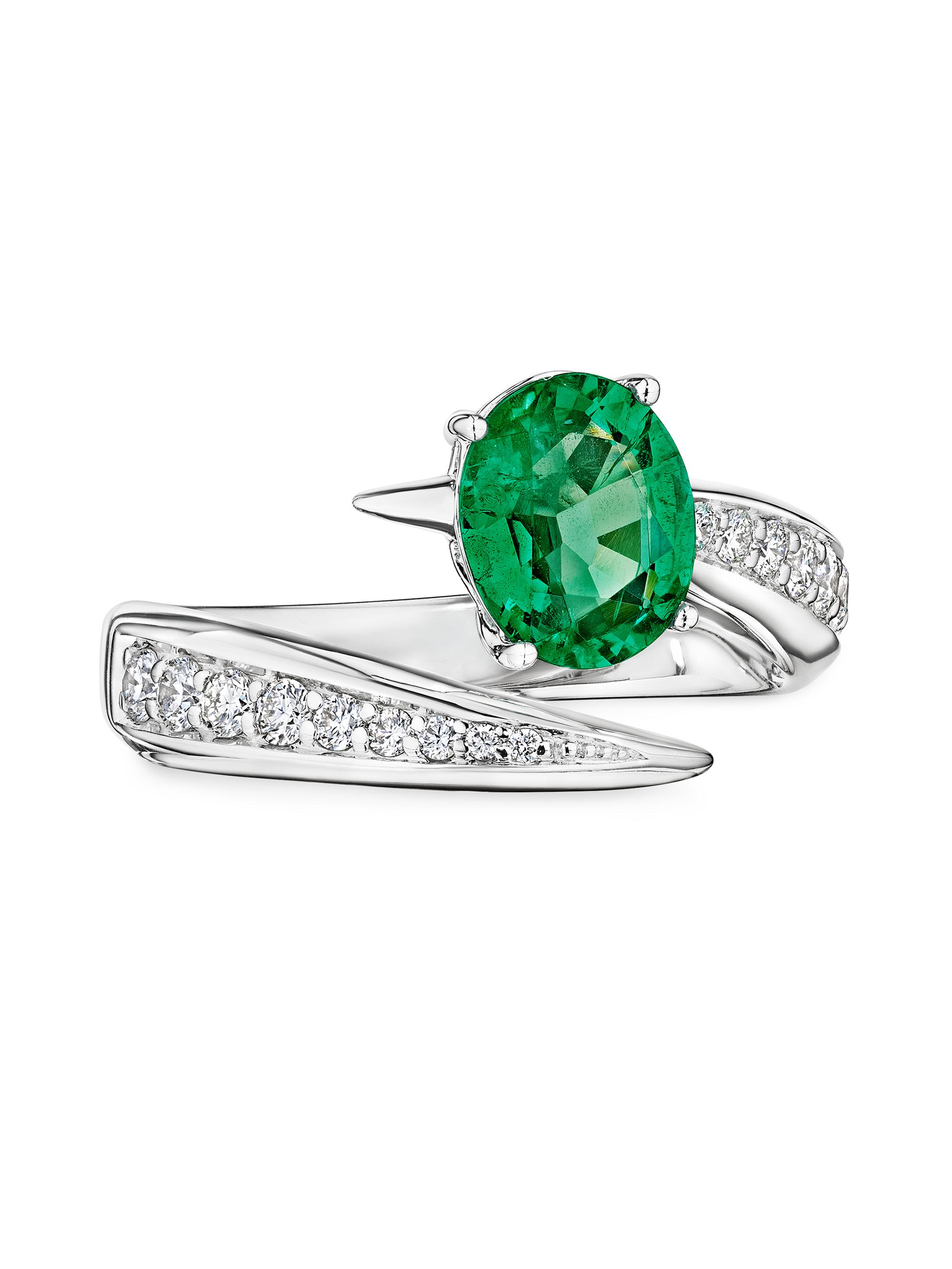 Hueb Women's 18K White Gold, Emerald & 0.358 TCW Diamond Bypass Ring - White Gold