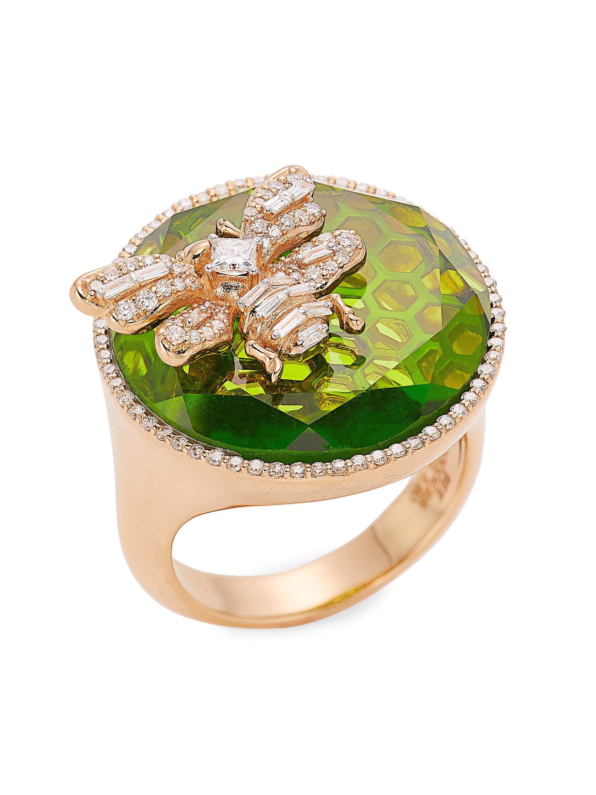 Bee Goddess Women's Honey 14K Rose Gold, Green Topaz & 0.06 TCW Diamond Honeycomb Ring - Green
