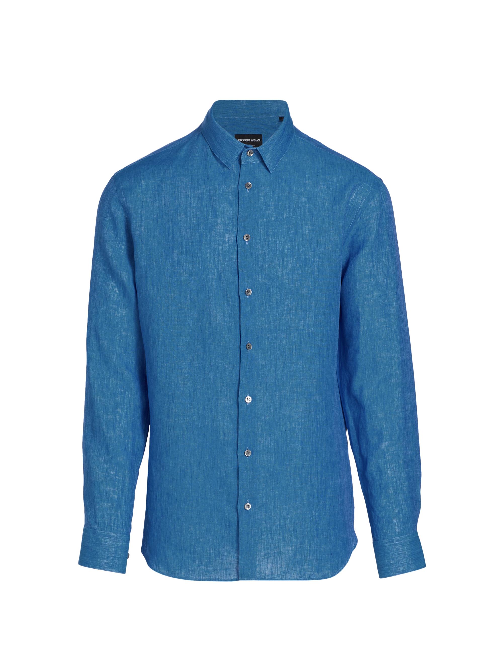 Giorgio Armani Men's Linen Long-Sleeve Shirt - Bright Blue