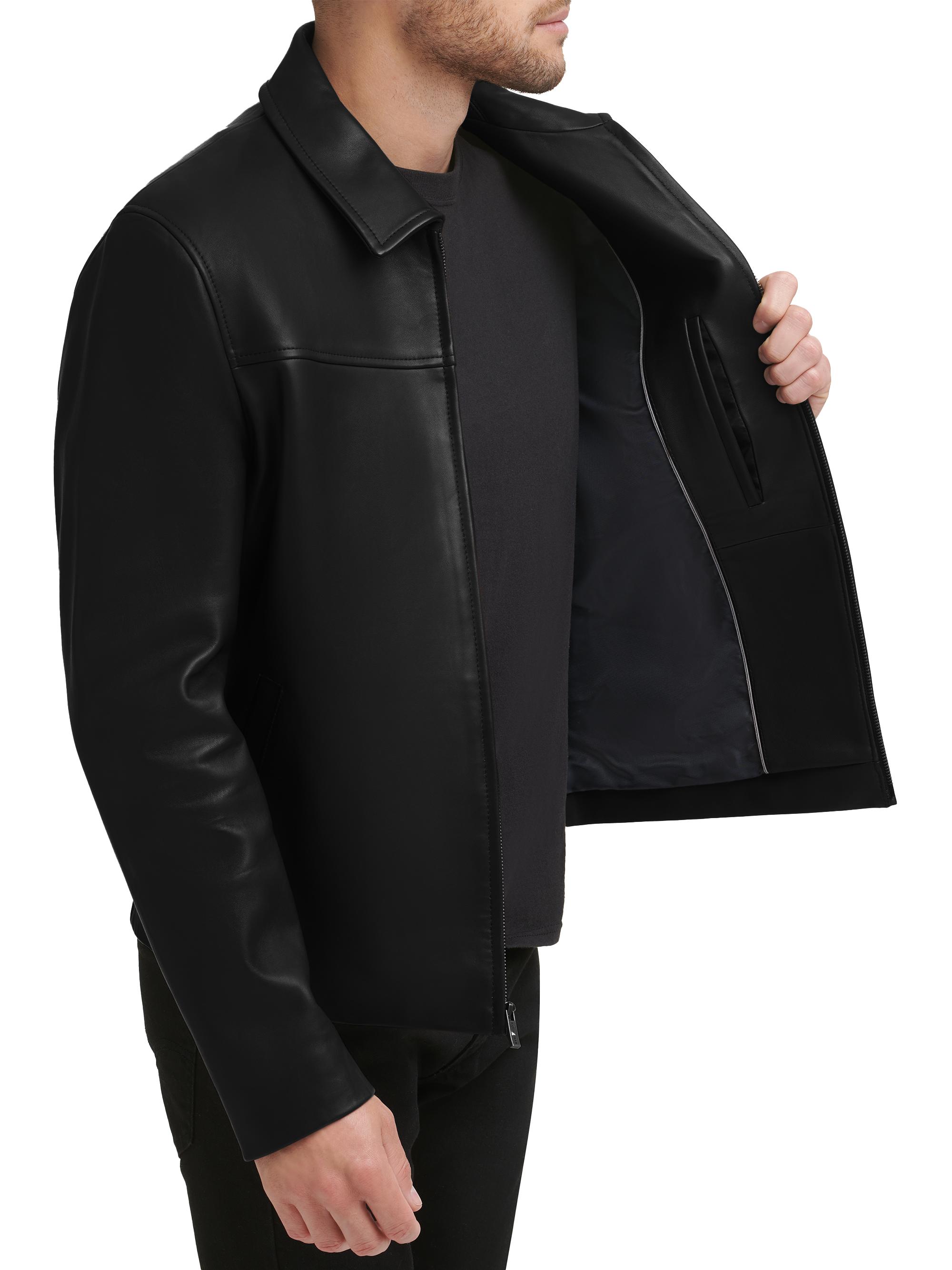 COLE HAAN ブラックレザージャケット Cole Haan Single Breasted Wing Collar Long Sleeve Genuine Lambskin